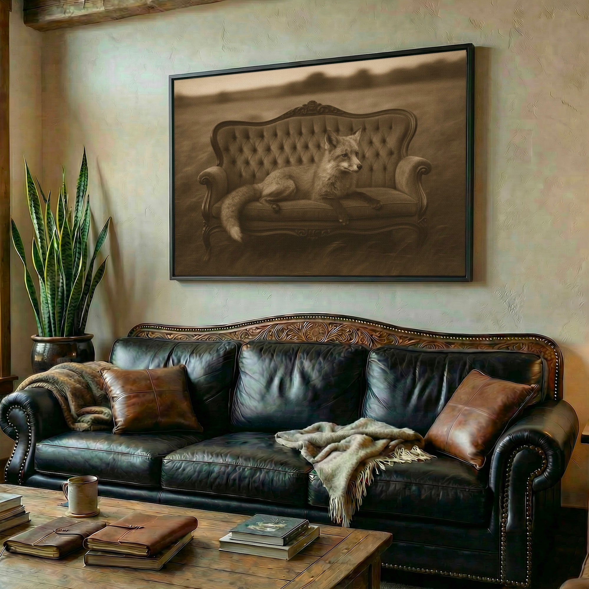 Fox on Victorian Sofa: Elegant Whimsical Sepia Art Print