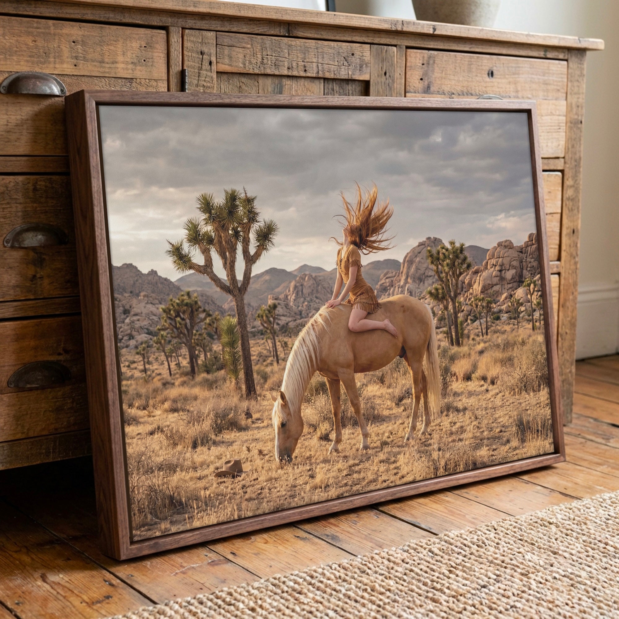 Joshua Tree Cowgirl: Western Woman on Horseback - California Desert Photo Art Print