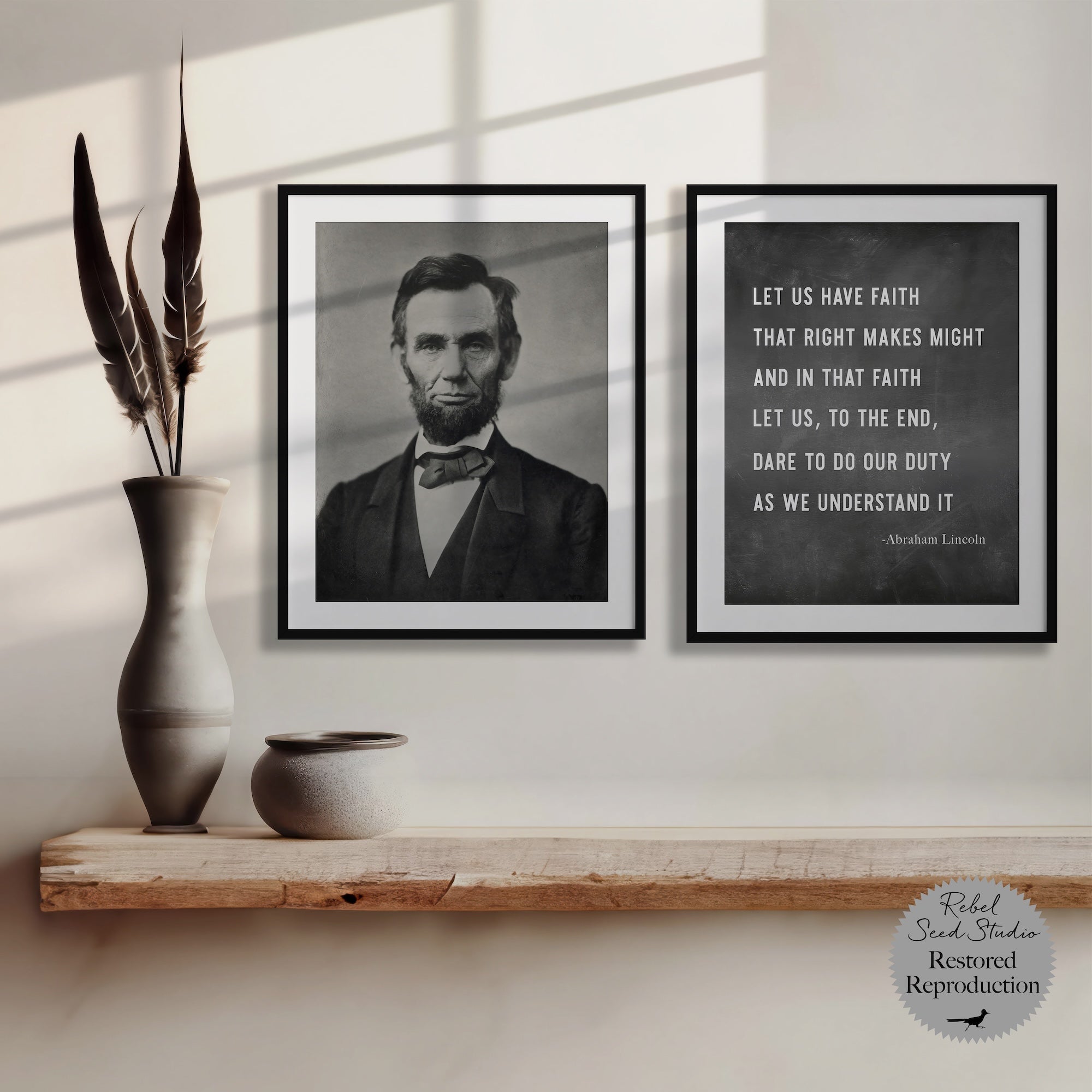 Abraham Lincoln: Restored Vintage Black & White Photograph and Right Makes Might Quote Bundle (Ready-to-Hang Canvas or Ready-to-Frame Fine Art Poster Print Set)
