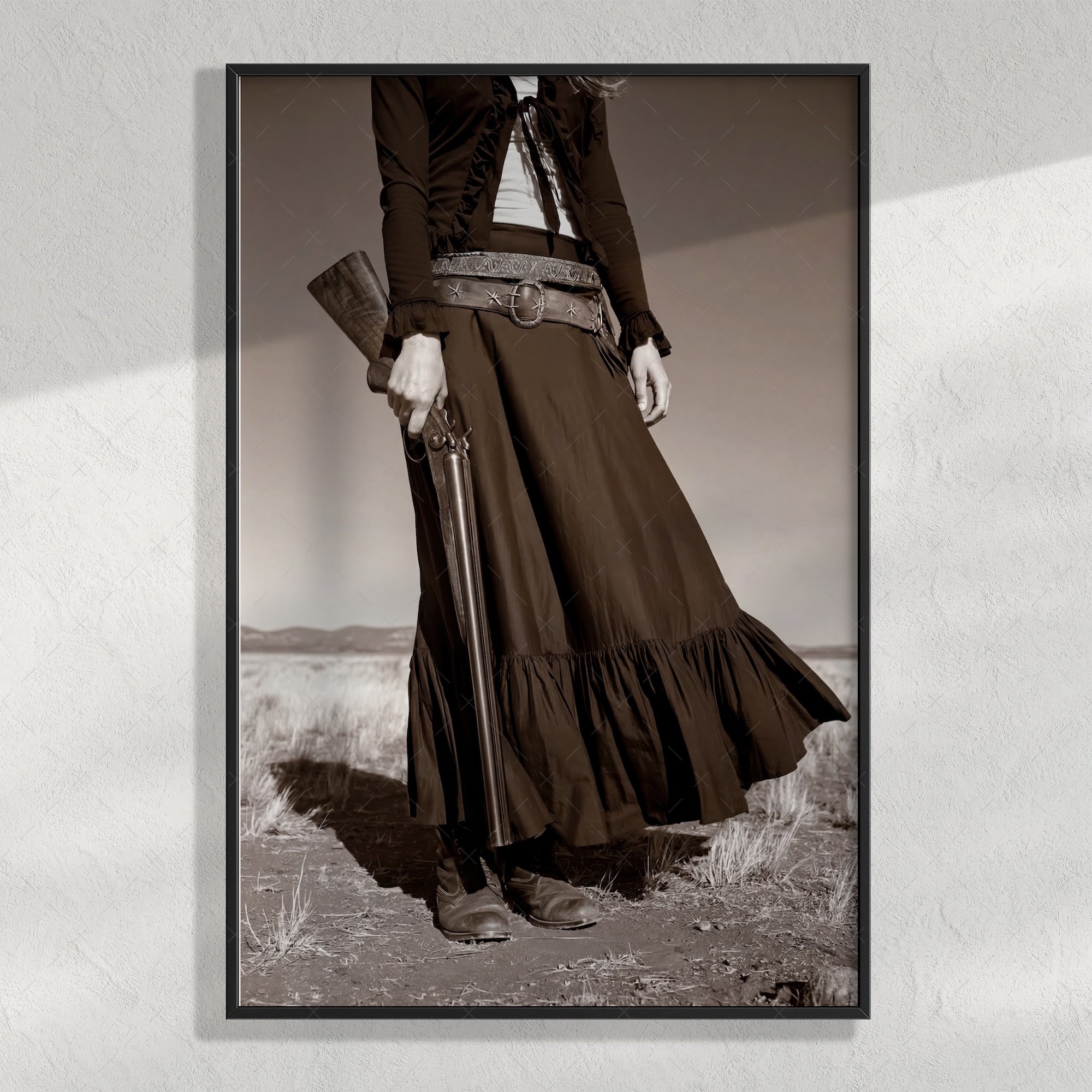 Prairie Cowgirl: Vintage Old West Black & White Photo Style Art Print