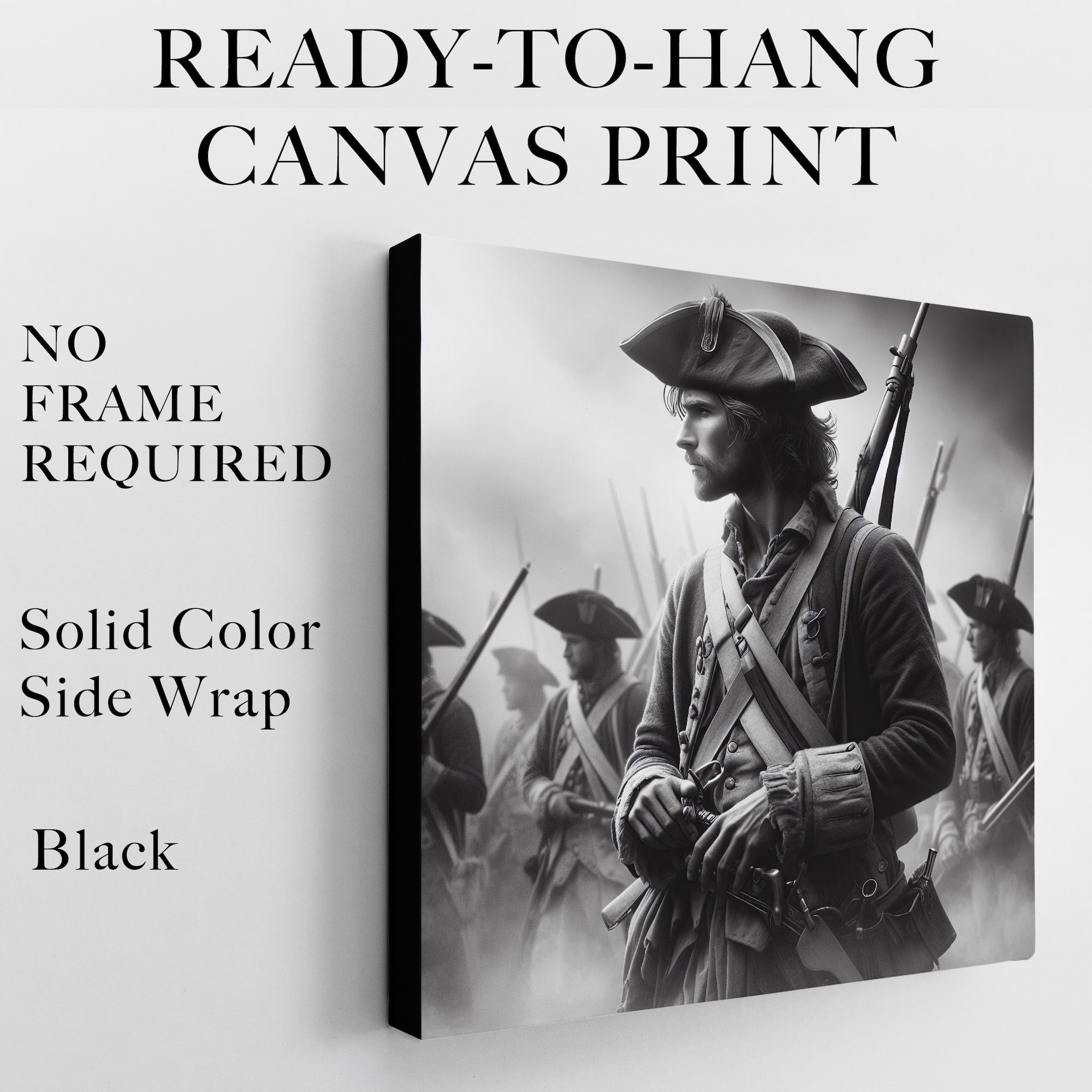 Revolutionary War Patriot: Black & White American Independence Soldier (Ready-to-Hang Canvas or Ready-to-Frame Fine Art Poster Print)