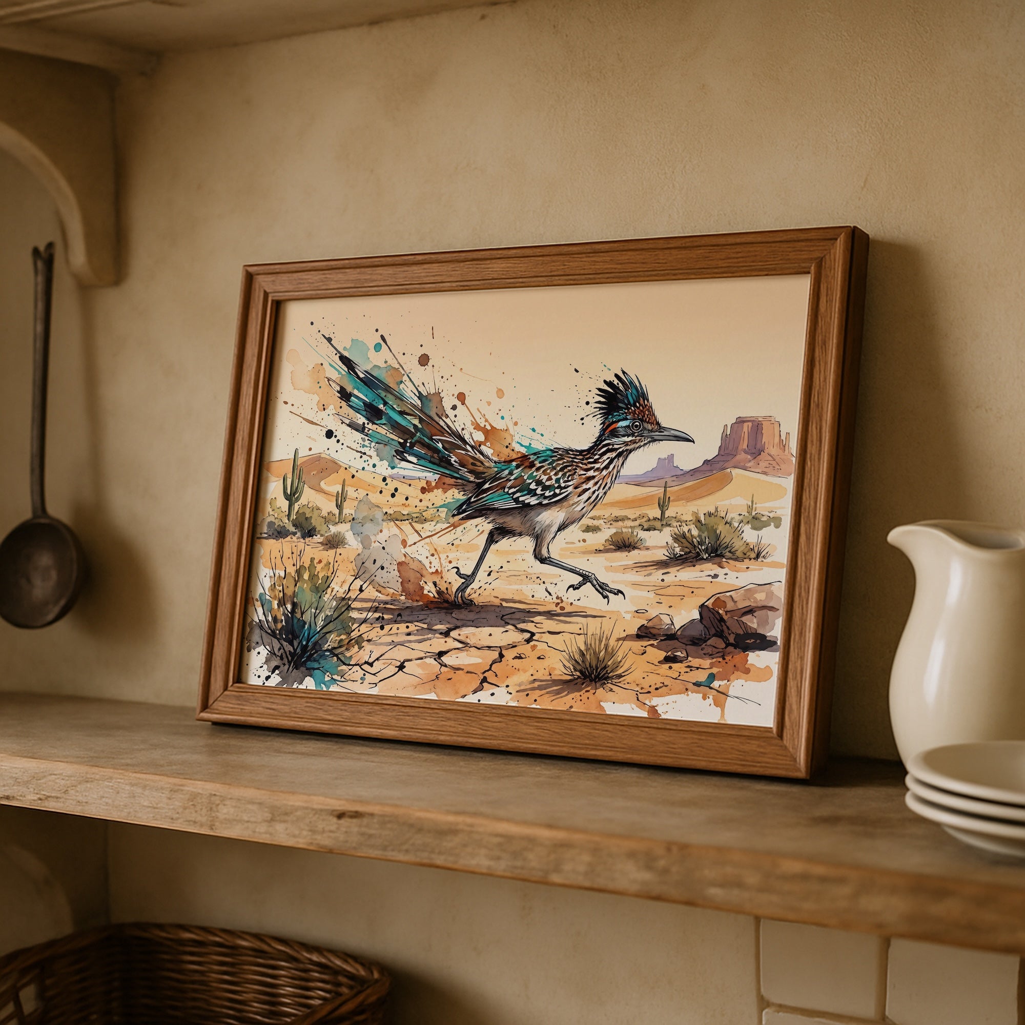 Roadrunner Ink Splash: Colorful Desert Drawing - Western Art Print