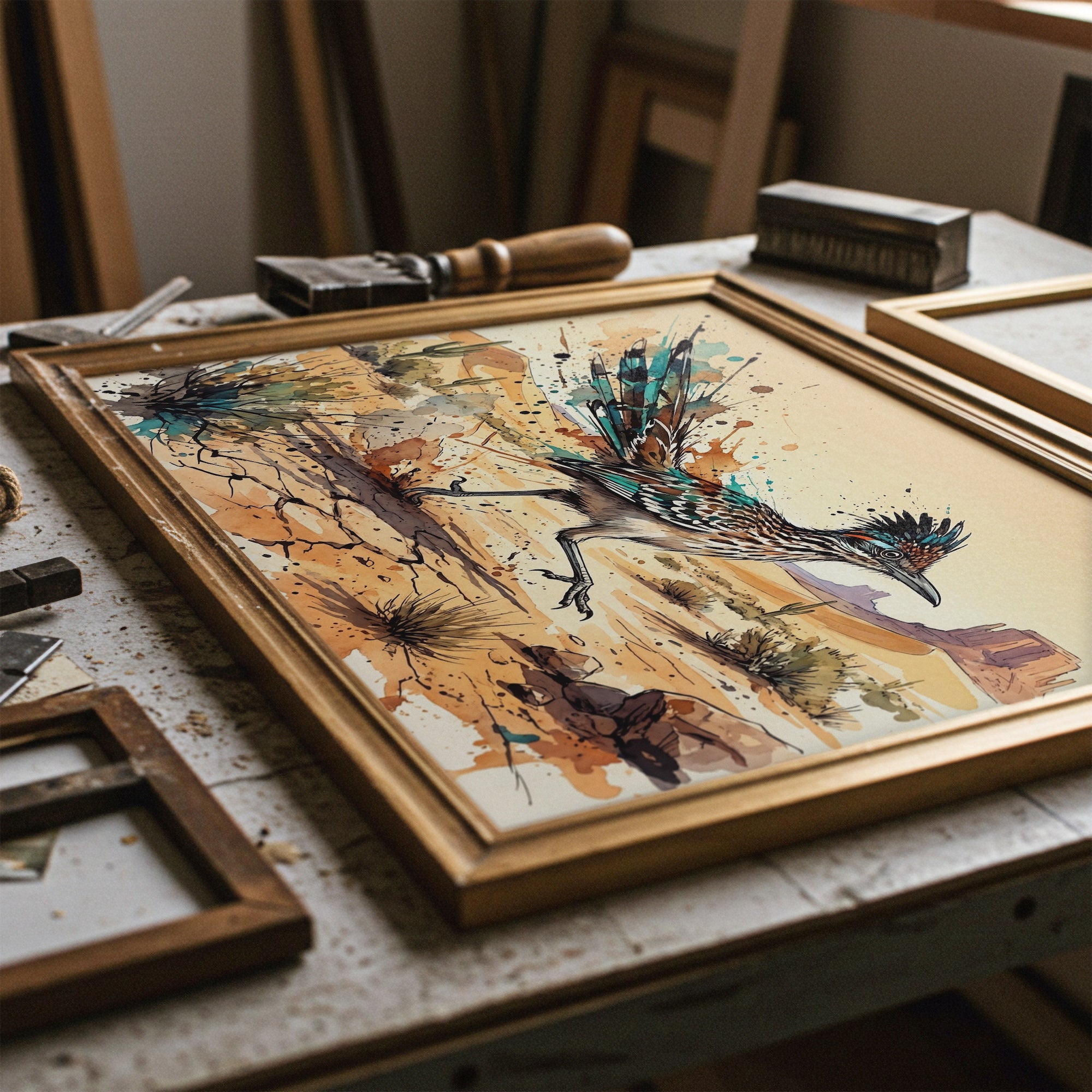 Roadrunner Ink Splash: Colorful Desert Drawing - Western Art Print