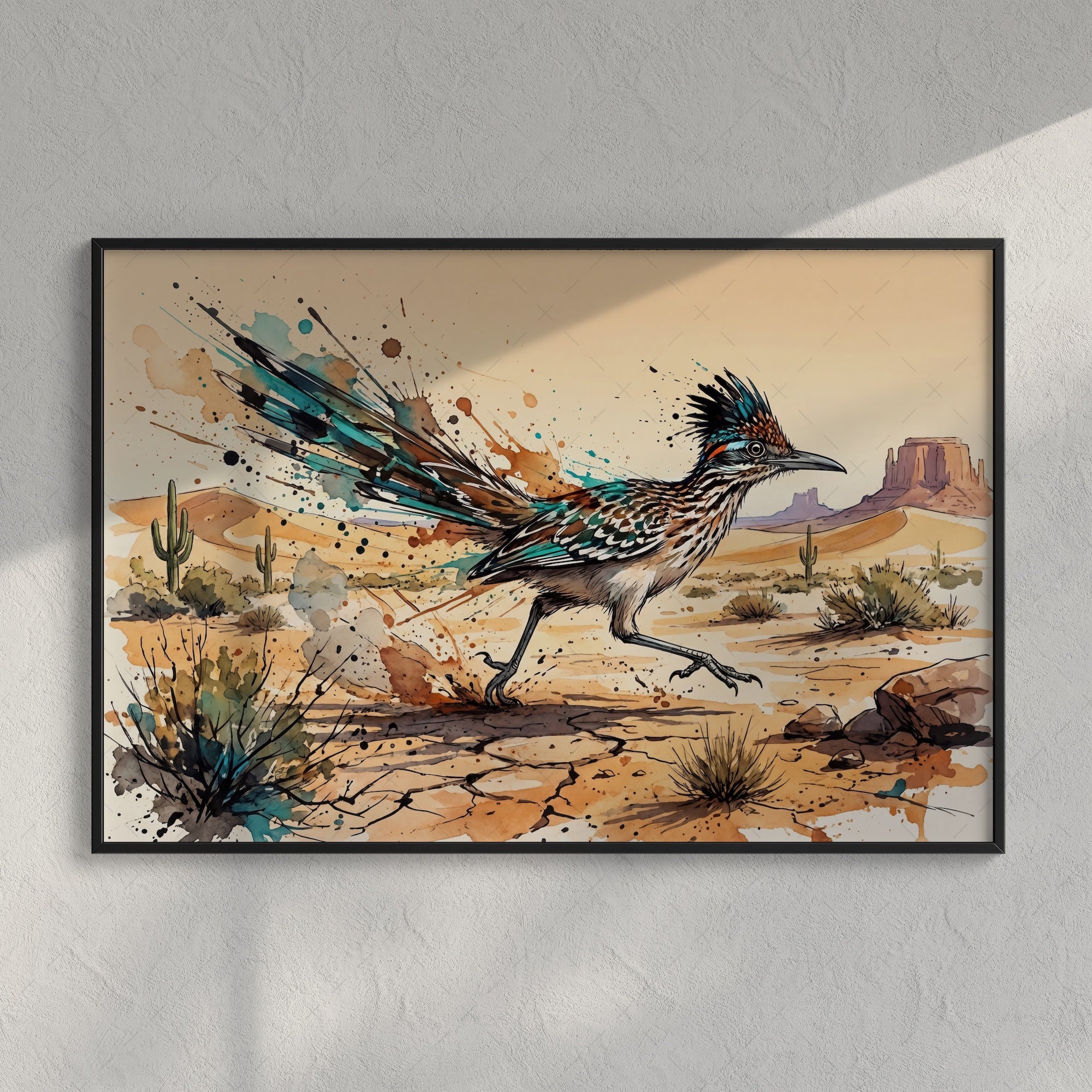 Roadrunner Ink Splash: Colorful Desert Drawing - Western Art Print