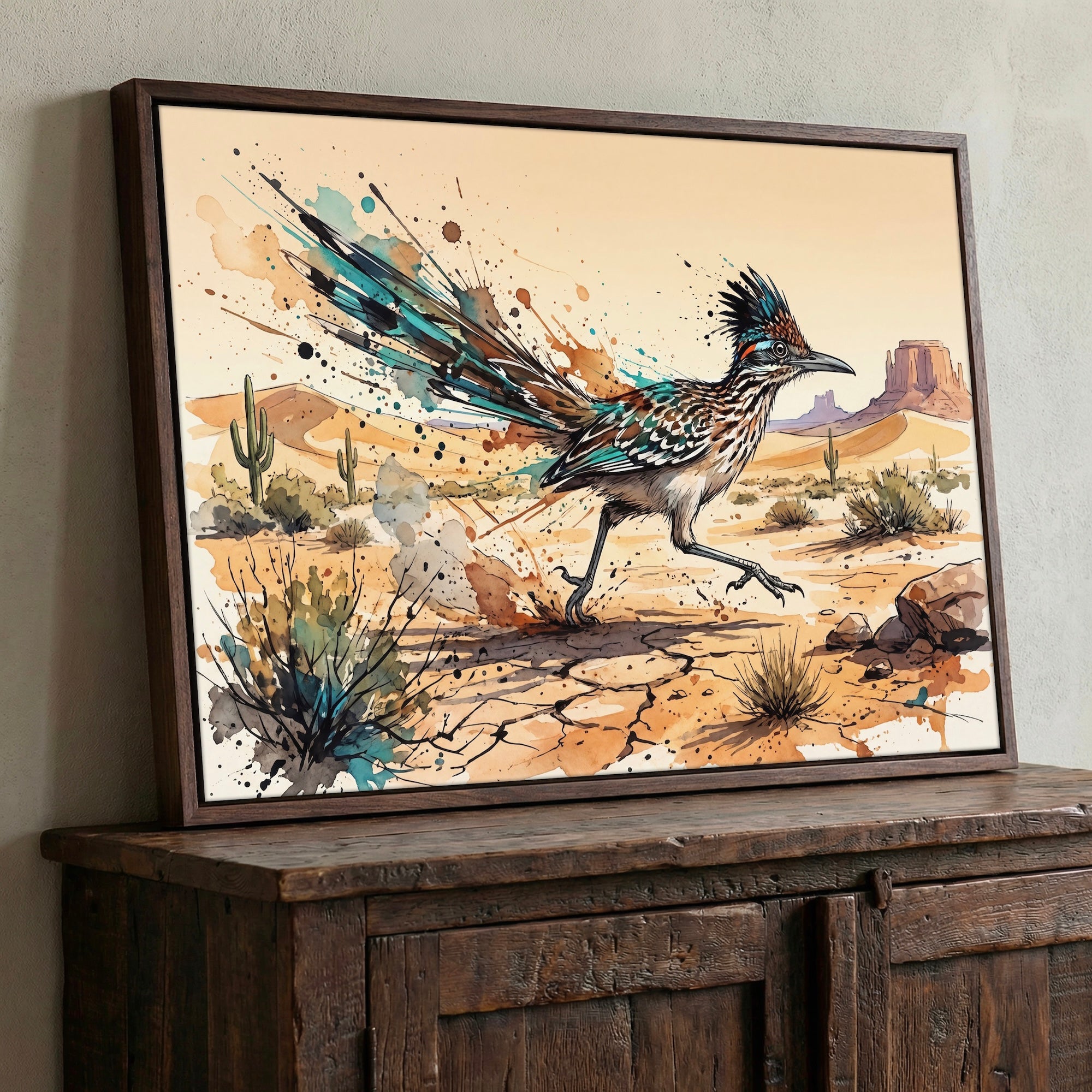 Roadrunner Ink Splash: Colorful Desert Drawing - Western Art Print