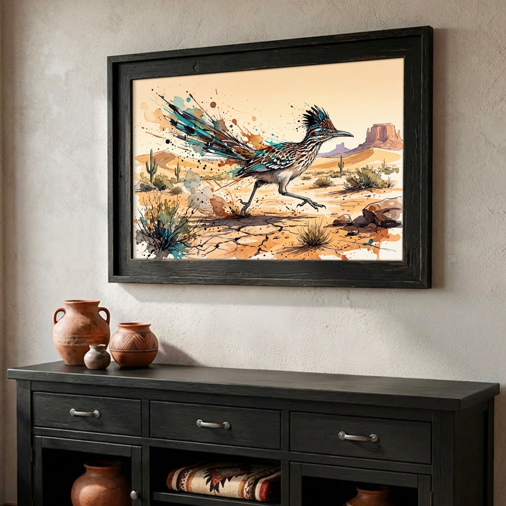 Roadrunner Ink Splash: Colorful Desert Drawing - Western Art Print