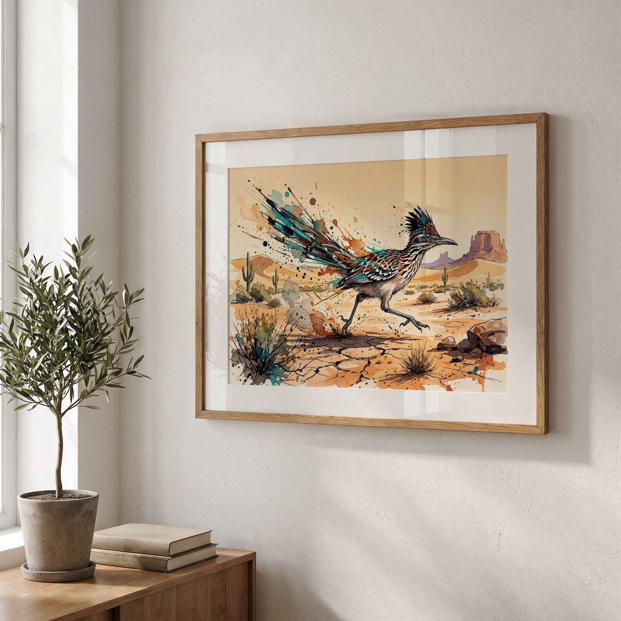 Roadrunner Ink Splash: Colorful Desert Drawing - Western Art Print