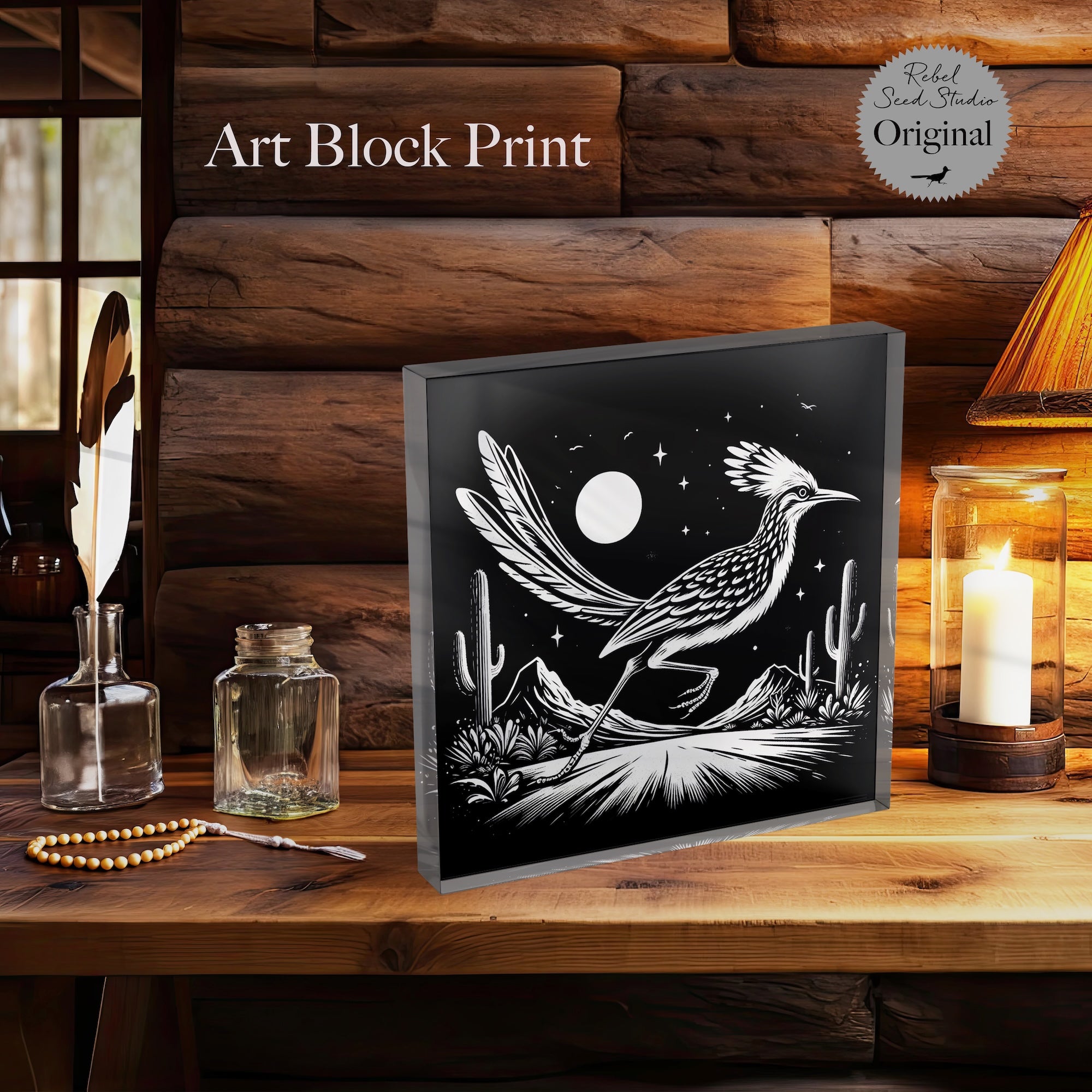 Roadrunner Moon | Black & White Western Desert (Art Print)