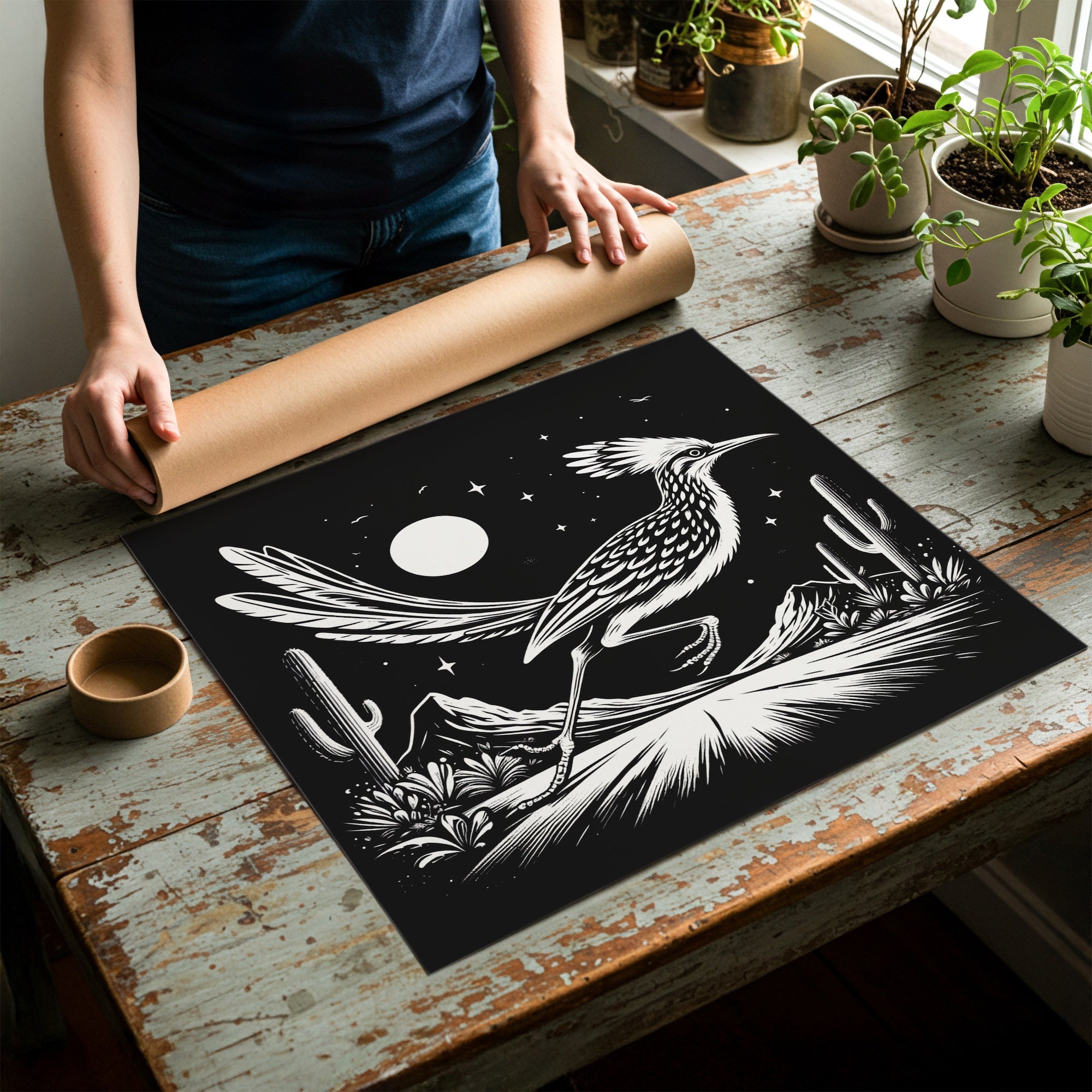 Roadrunner Moon: Western Black & White Desert Art Print