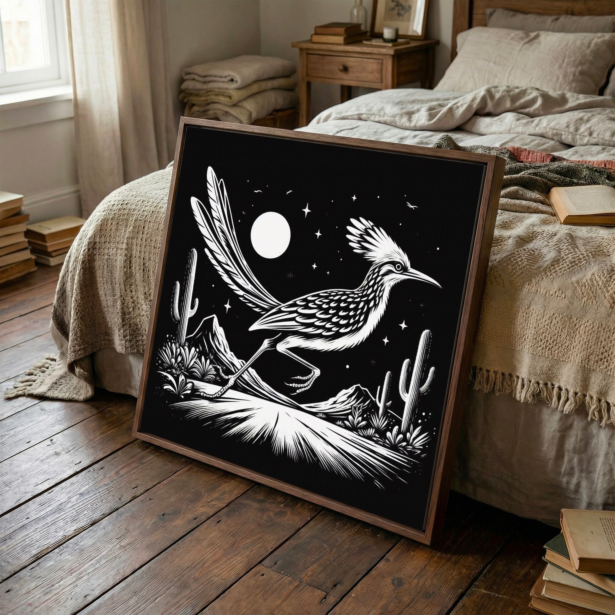 Roadrunner Moon: Western Black & White Desert Art Print