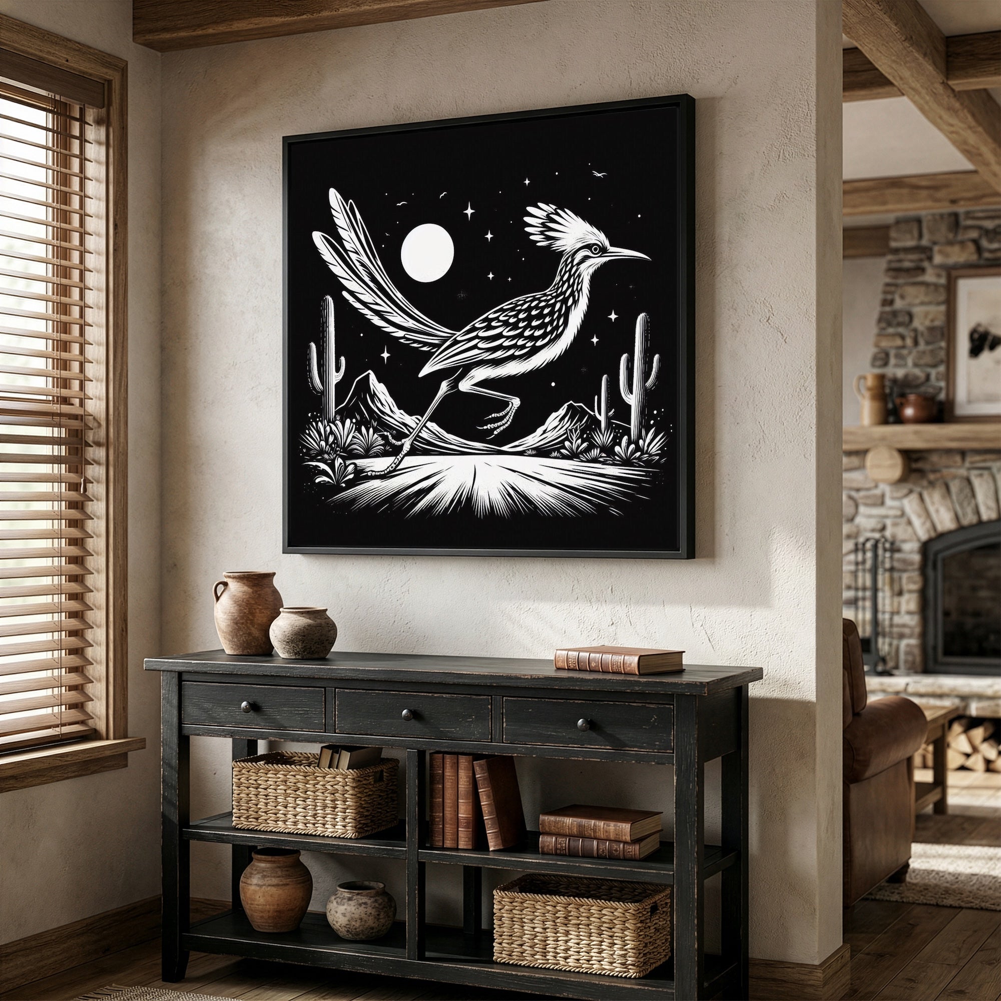 Roadrunner Moon: Western Black & White Desert Art Print