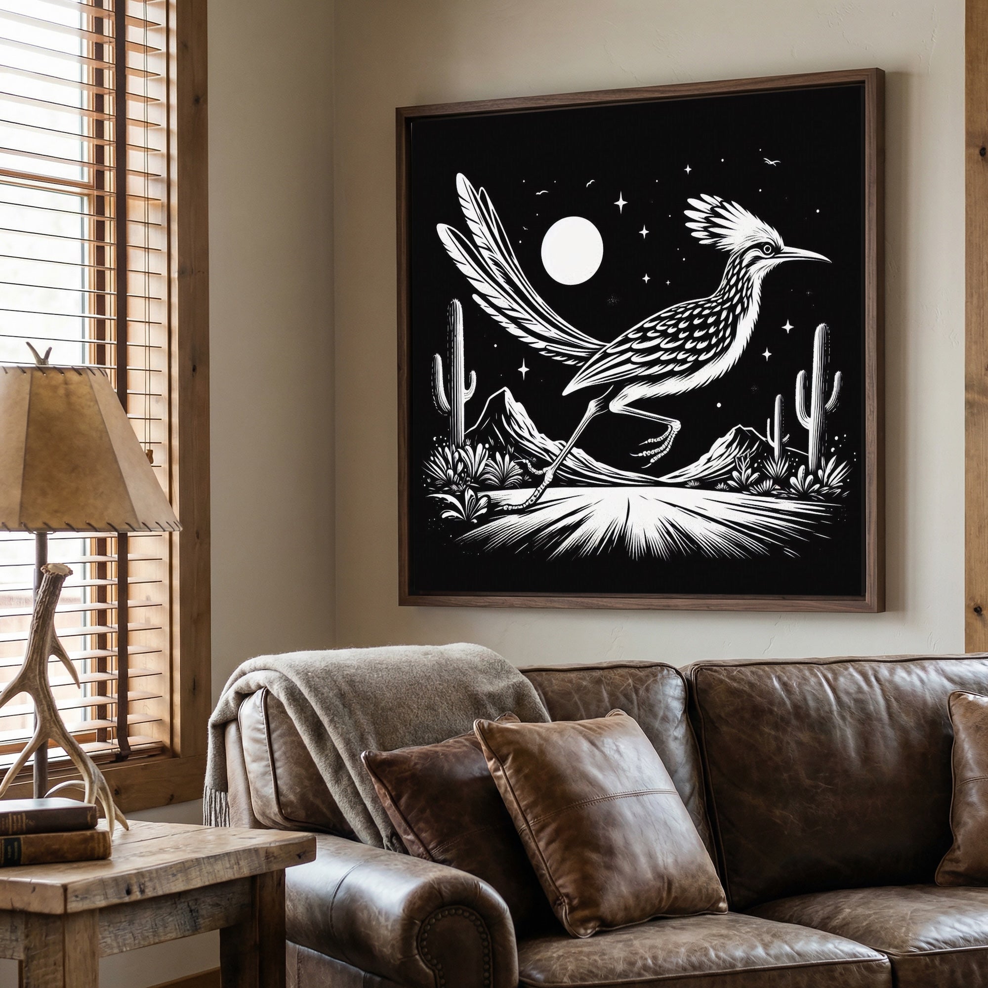 Roadrunner Moon: Western Black & White Desert Art Print