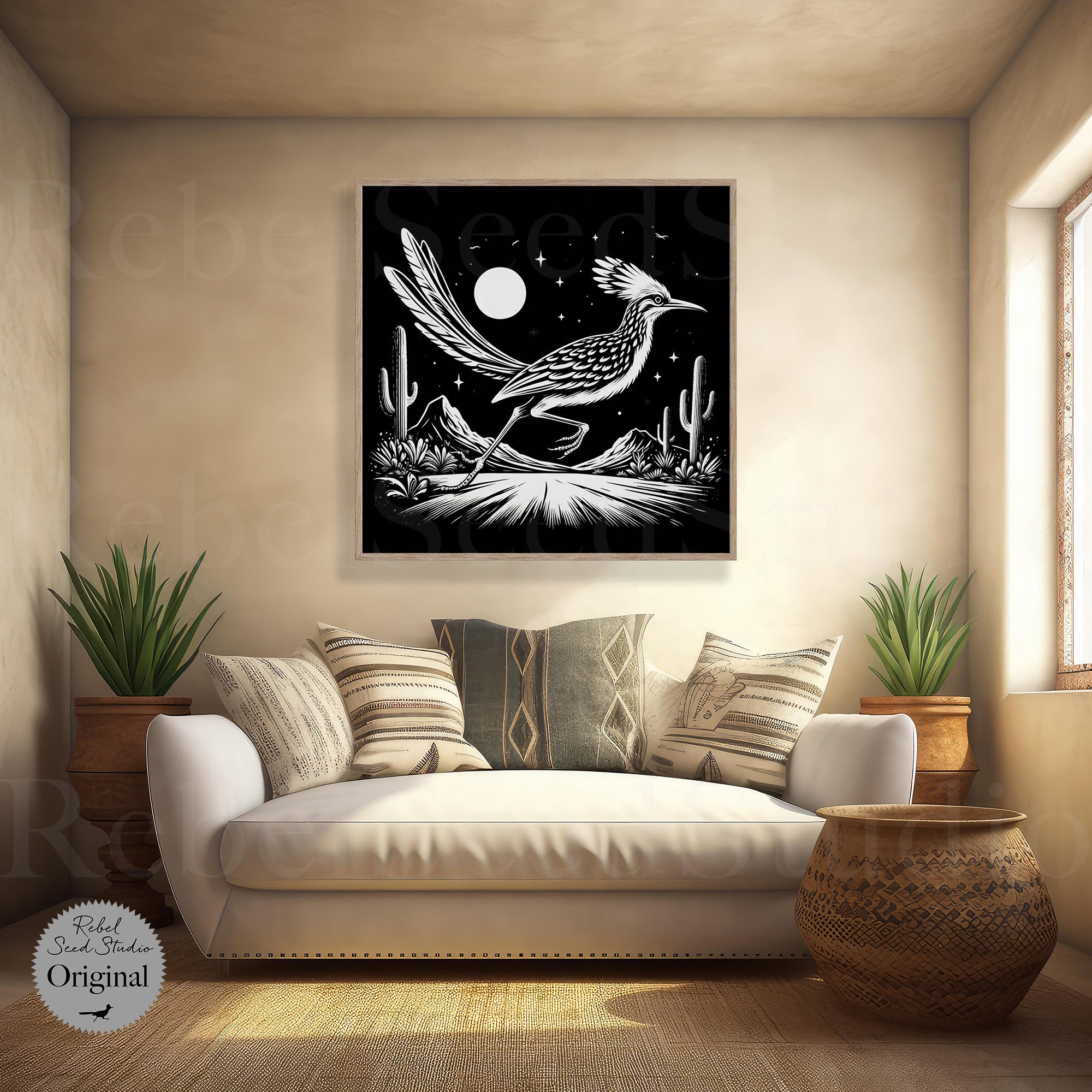 Roadrunner Moon: Western Black & White Desert Scene (Canvas or Fine Art Poster Print)