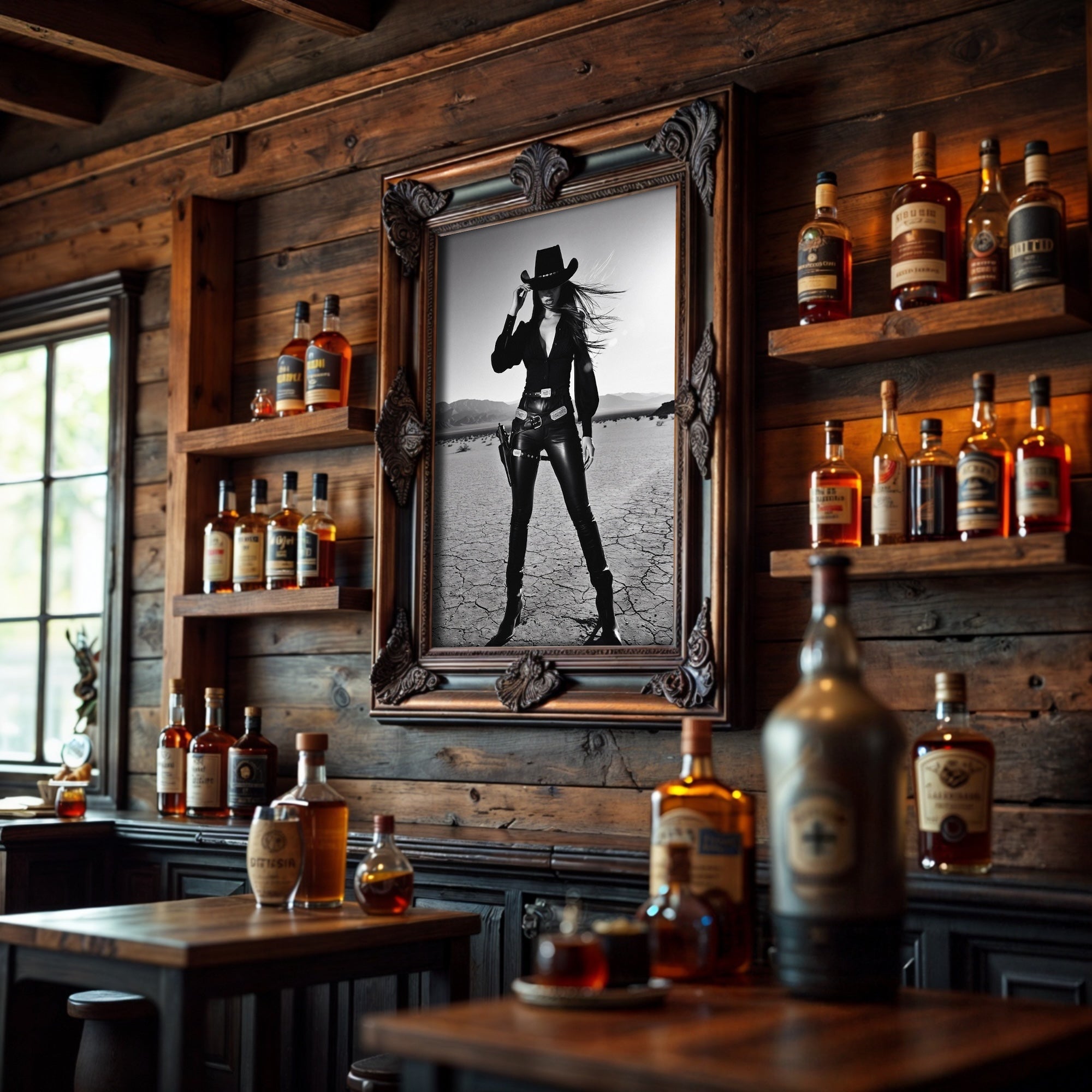 Sassy Outlaw Cowgirl: Wild West Woman with Six Shooter - Black & White Desert Photo Art Print