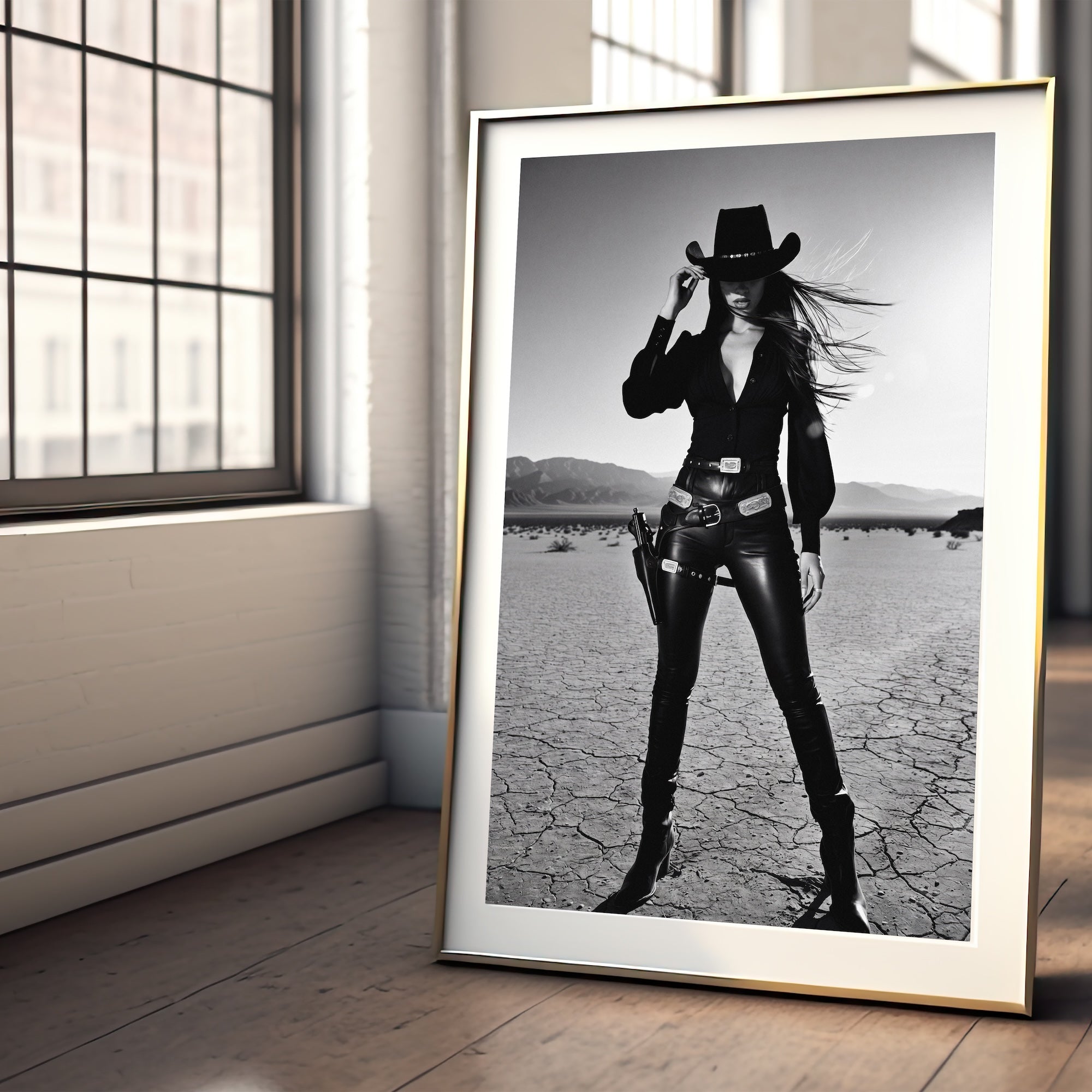 Sassy Outlaw Cowgirl: Wild West Woman with Six Shooter - Black & White Desert Photo Art Print