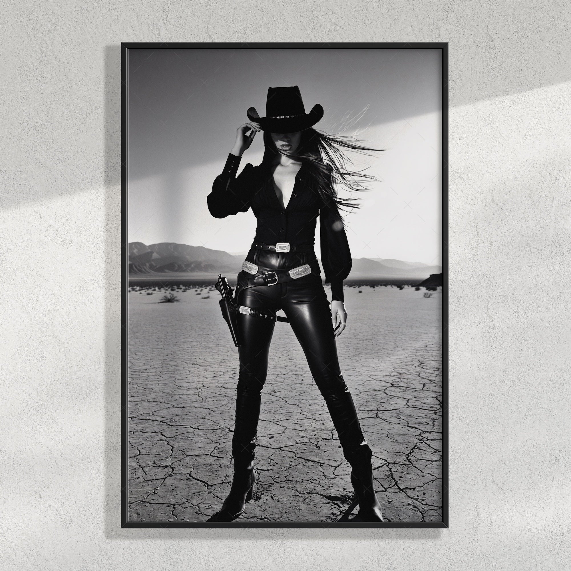 Sassy Outlaw Cowgirl: Wild West Woman with Six Shooter - Black & White Desert Photo Art Print