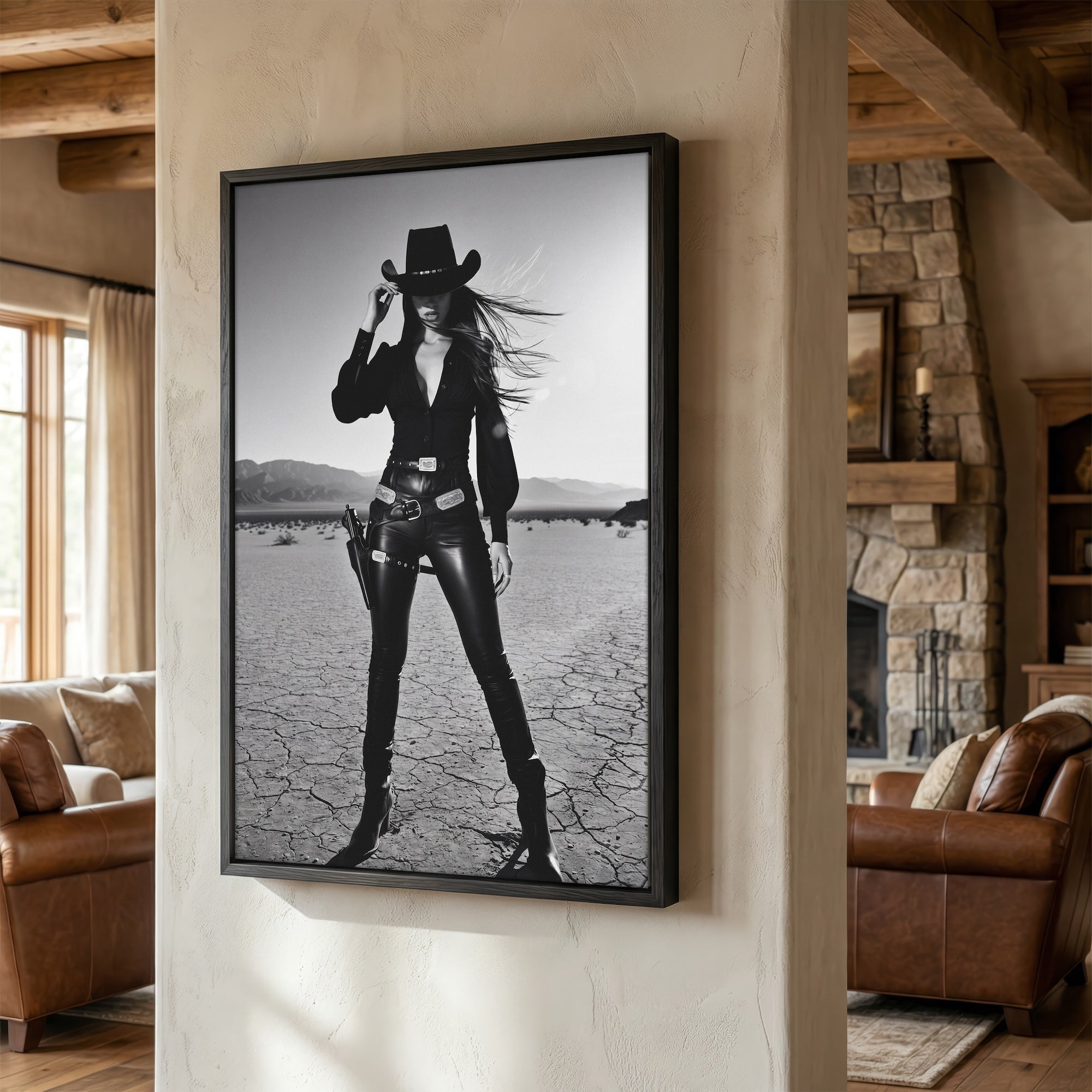 Sassy Outlaw Cowgirl: Wild West Woman with Six Shooter - Black & White Desert Photo Art Print