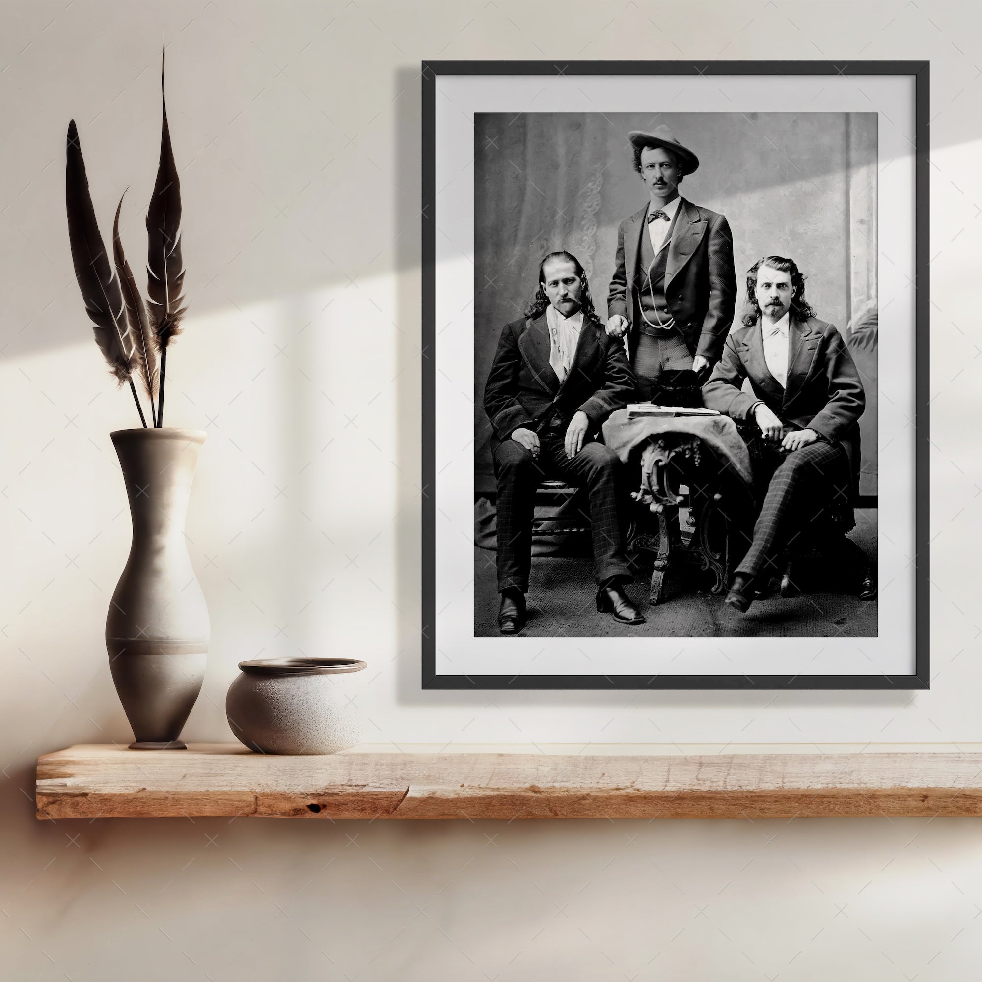 Scouts of the Plains: Wild Bill Hickok, Buffalo Bill Cody, Texas Jack Omohundro - Vintage Old West Black & White Photograph (Art Print)