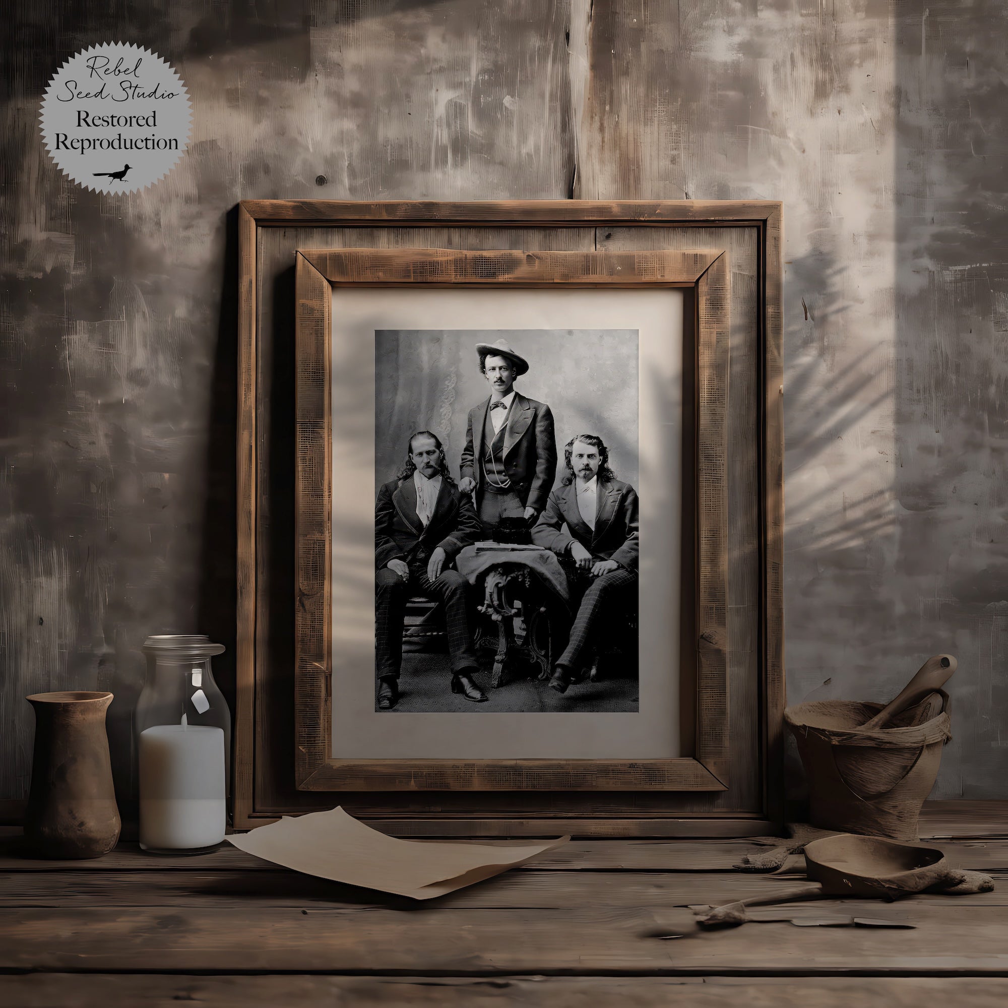 Scouts of the Plains: Wild Bill Hickok, Buffalo Bill Cody, Texas Jack Omohundro - Vintage Old West Black & White Photograph (Art Print)