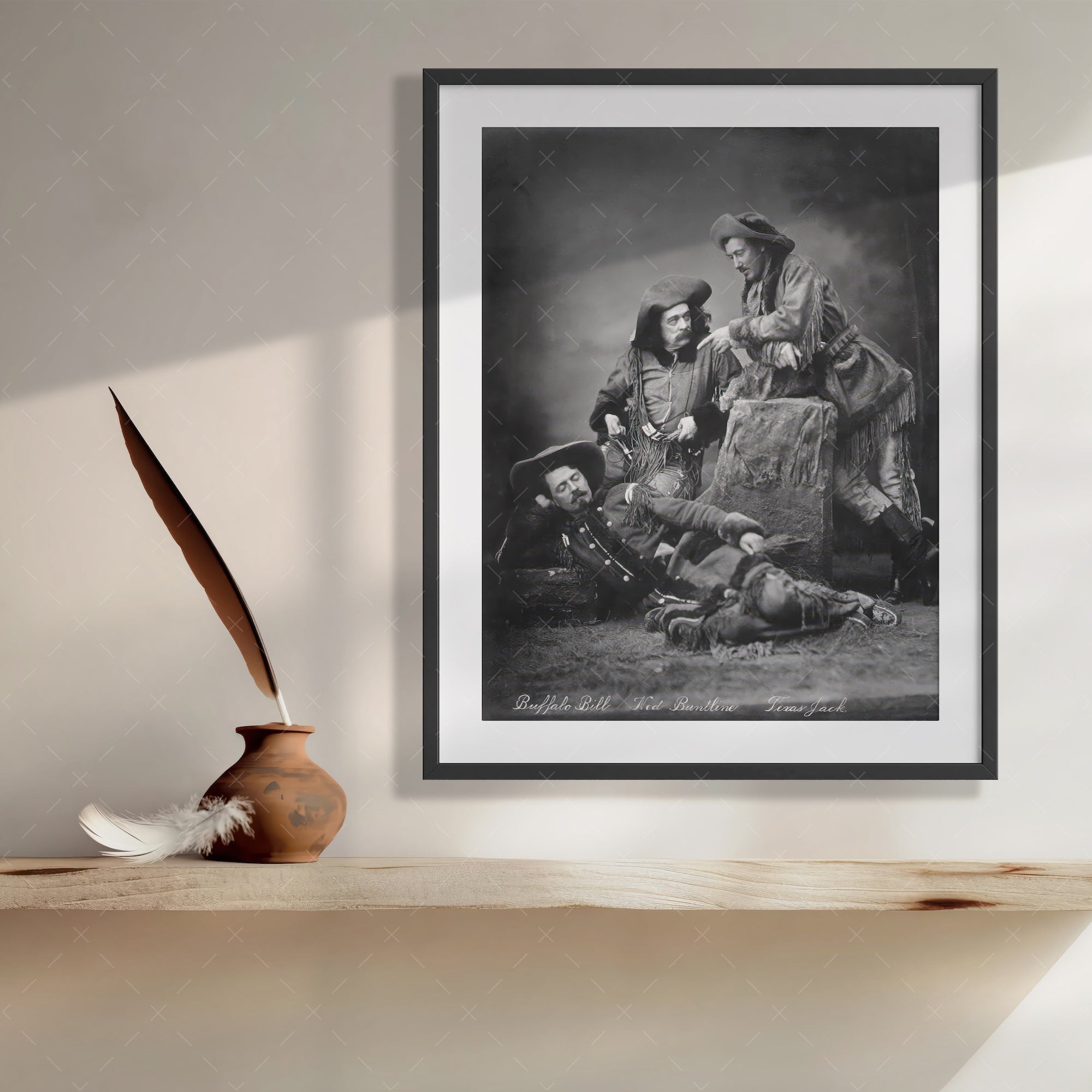 Scouts of the Prairie: Buffalo Bill Cody, Texas Jack Omohundro, Ned Buntline - Vintage Old West Black & White Photograph (Art Print)