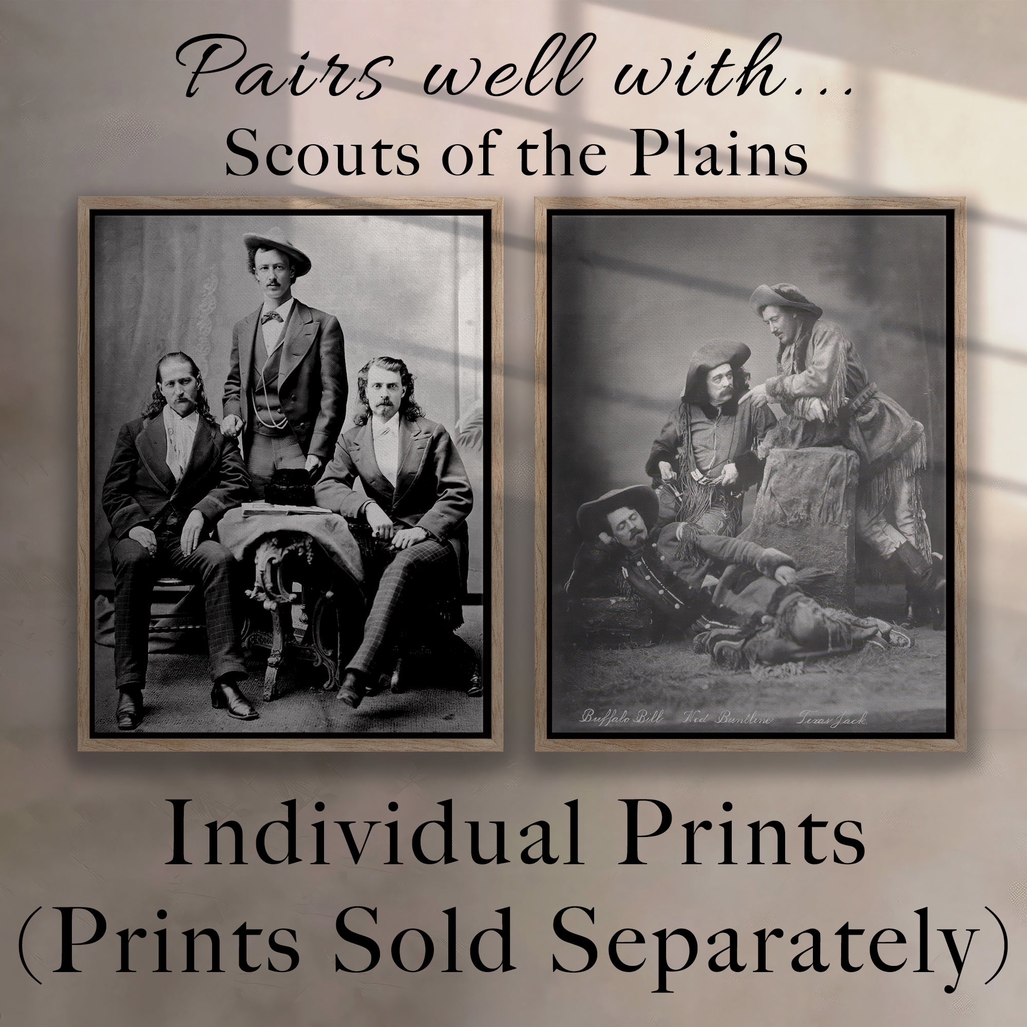 Scouts of the Prairie: Buffalo Bill Cody, Texas Jack Omohundro, Ned Buntline - Vintage Old West Black & White Photograph (Art Print)