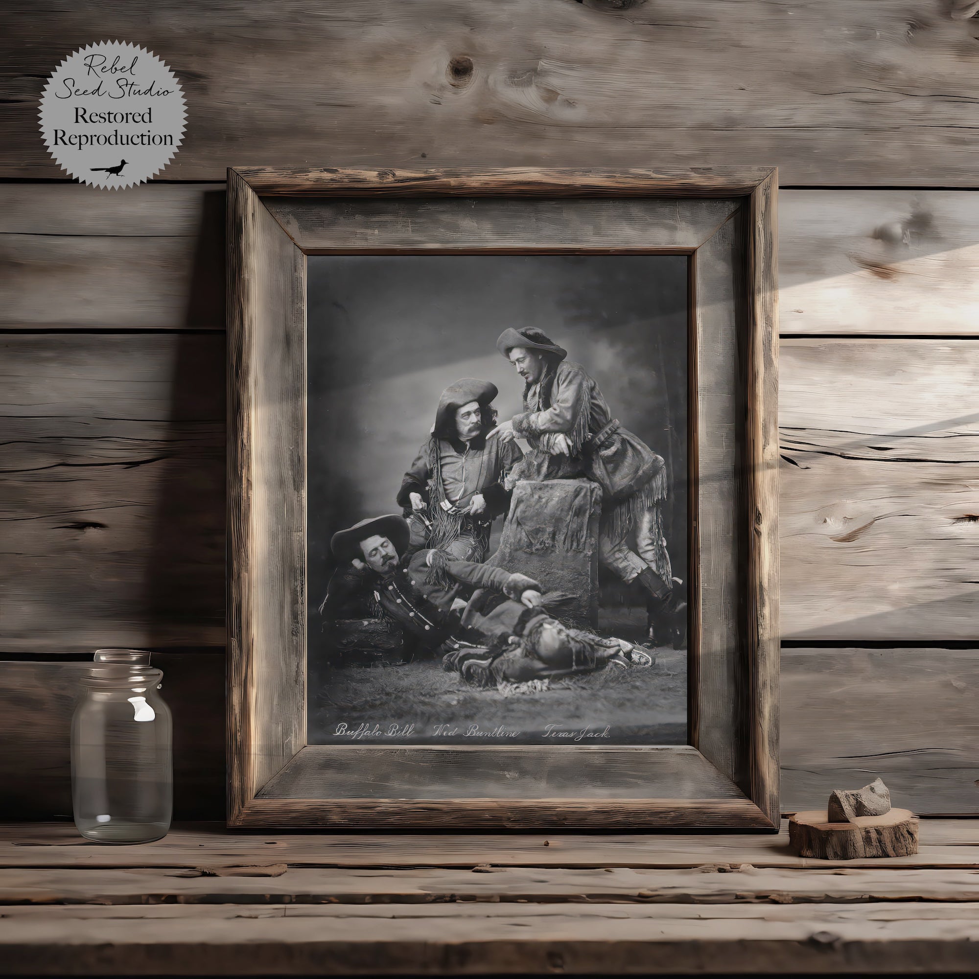 Scouts of the Prairie: Buffalo Bill Cody, Texas Jack Omohundro, Ned Buntline - Vintage Old West Black & White Photograph (Art Print)