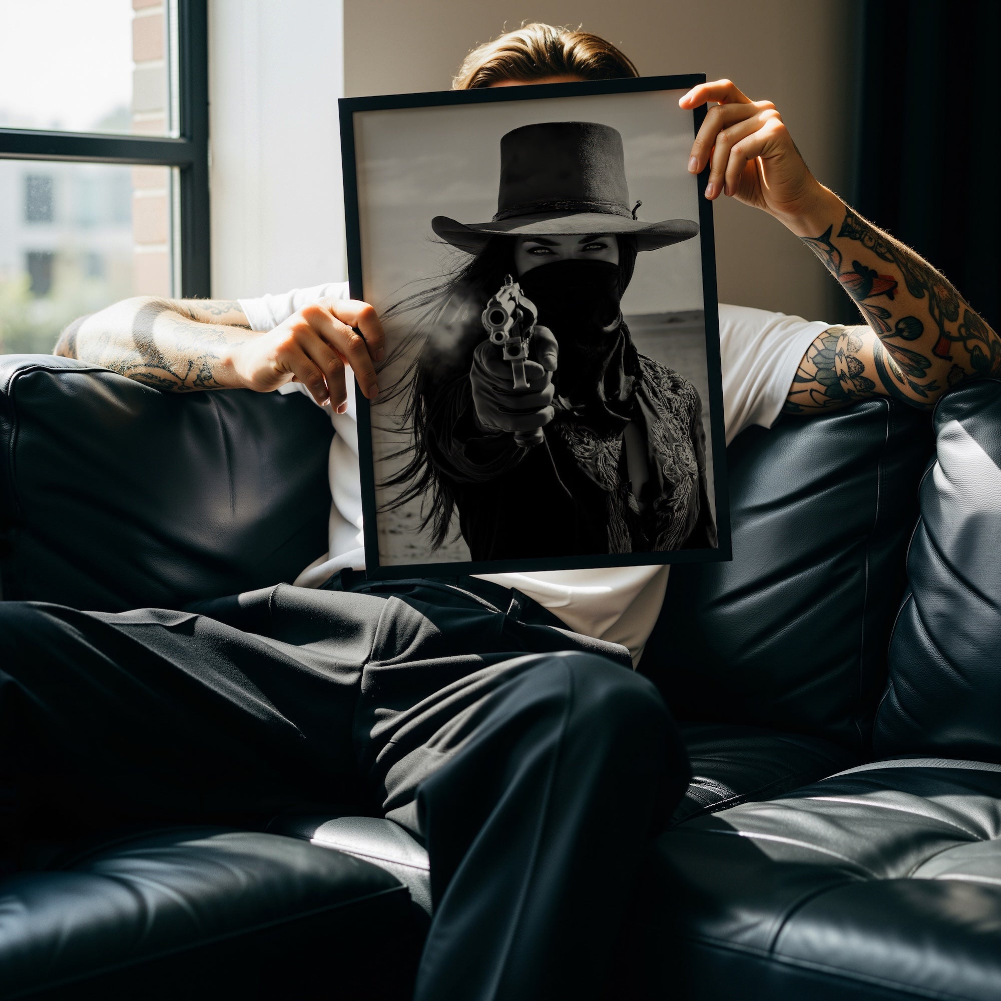 Six Shooter Cowgirl: Western Black & White Photo Style Art Print