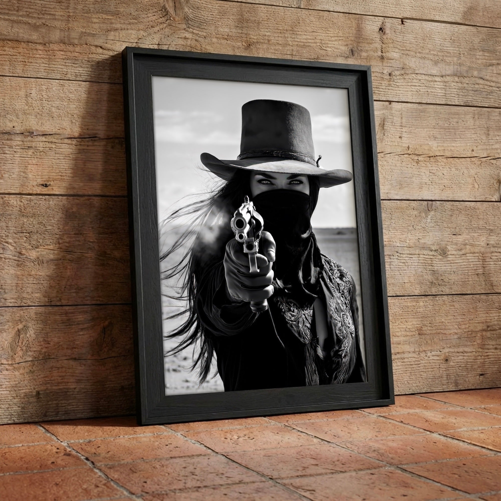 Six Shooter Cowgirl: Western Black & White Photo Style Art Print