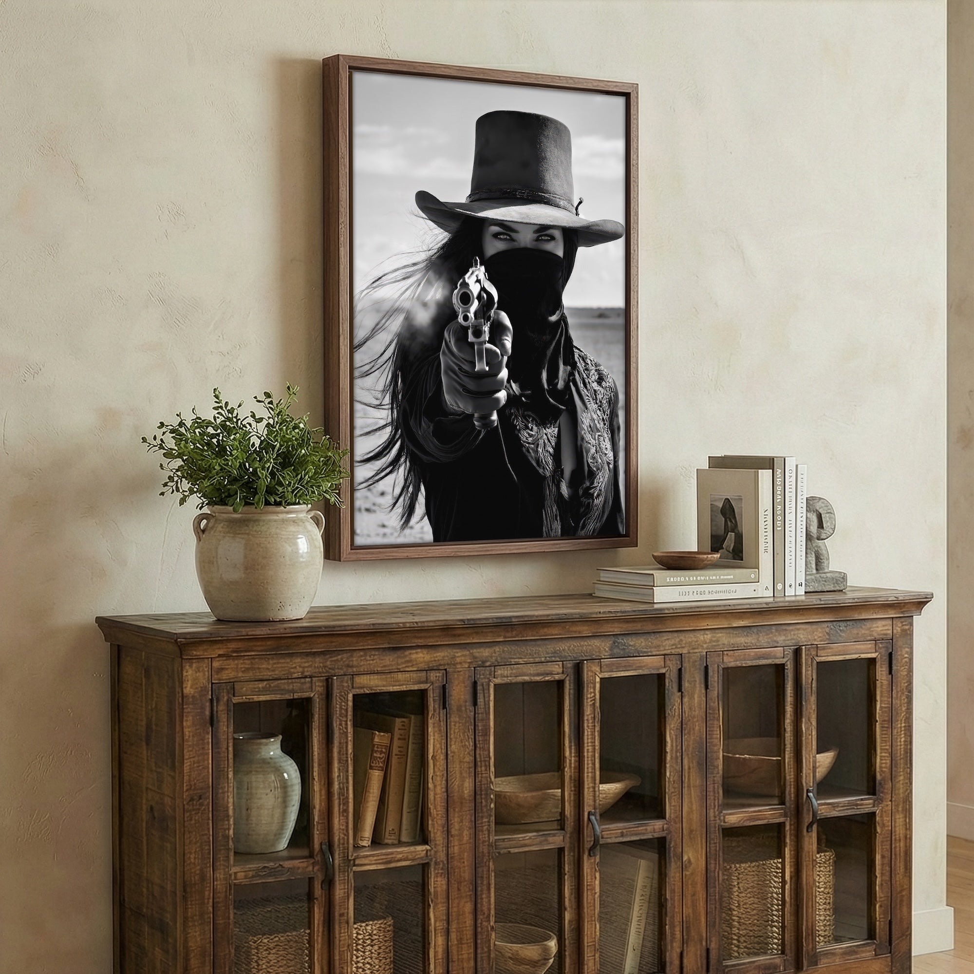 Six Shooter Cowgirl: Western Black & White Photo Style Art Print