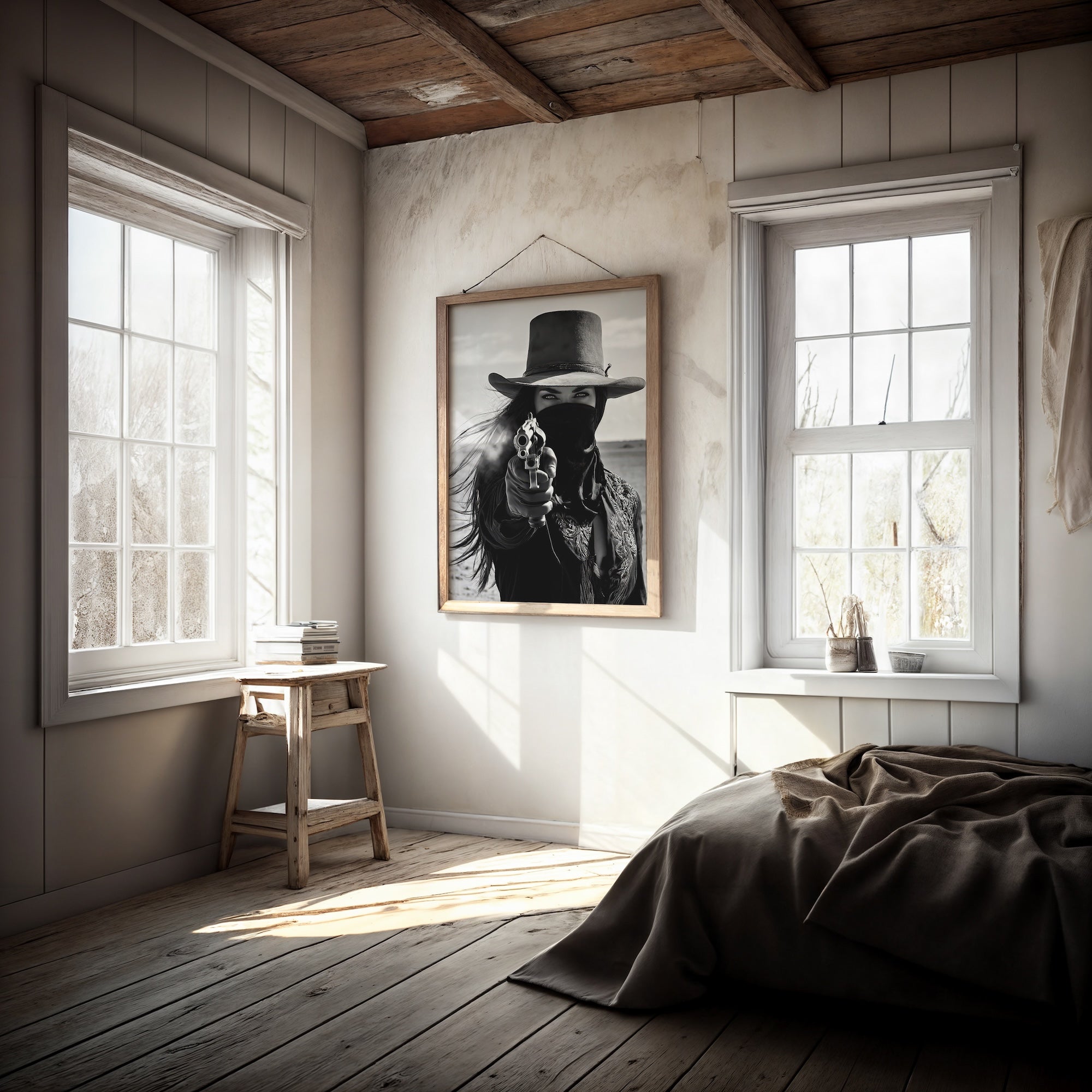 Six Shooter Cowgirl: Western Black & White Art Print