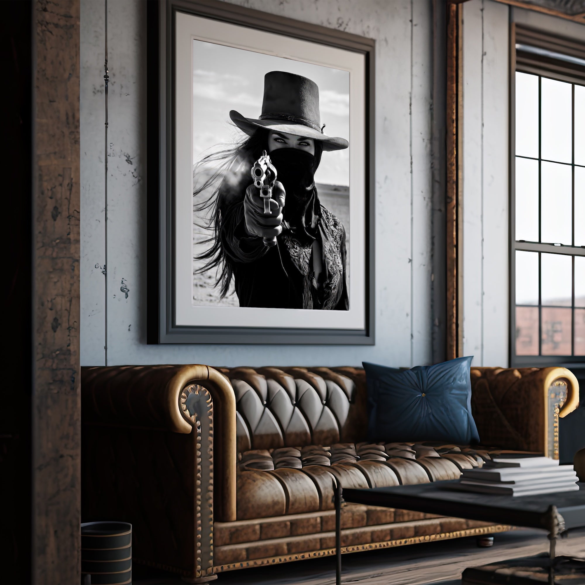 Six Shooter Cowgirl: Western Black & White Photo Style Art Print