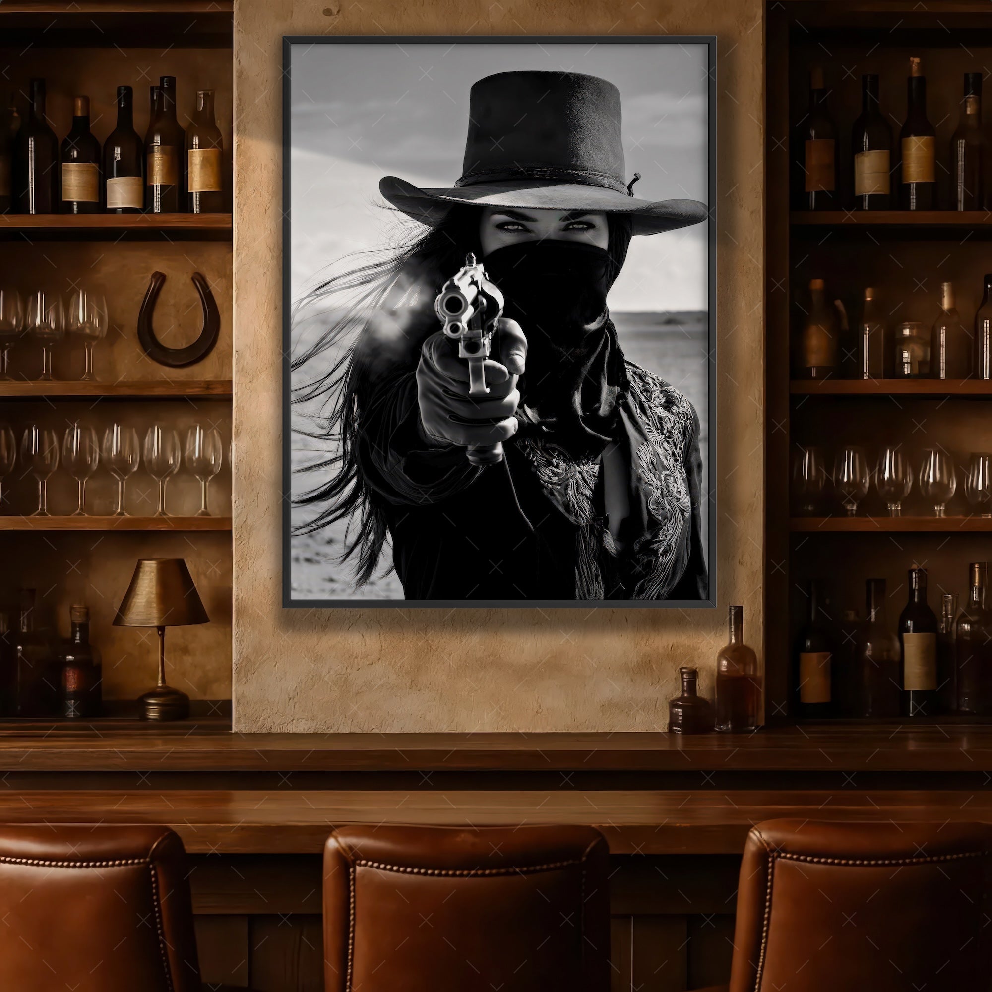 Six Shooter Cowgirl: Western Black & White Photo Style Art Print