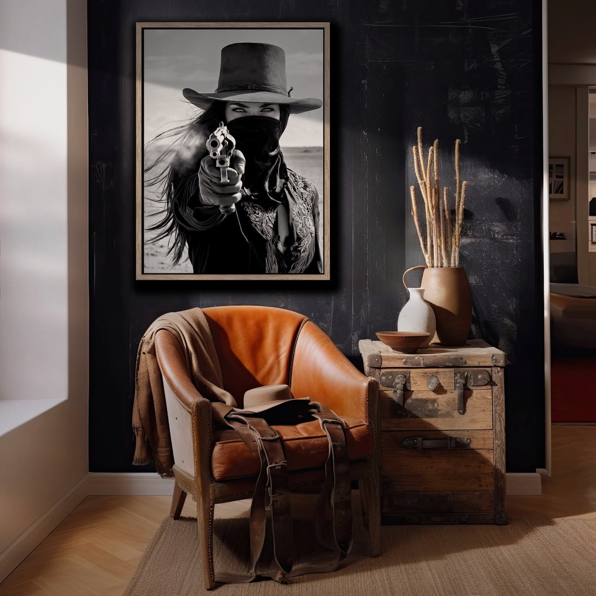 Six Shooter Cowgirl: Western Black & White Photo Style Art Print