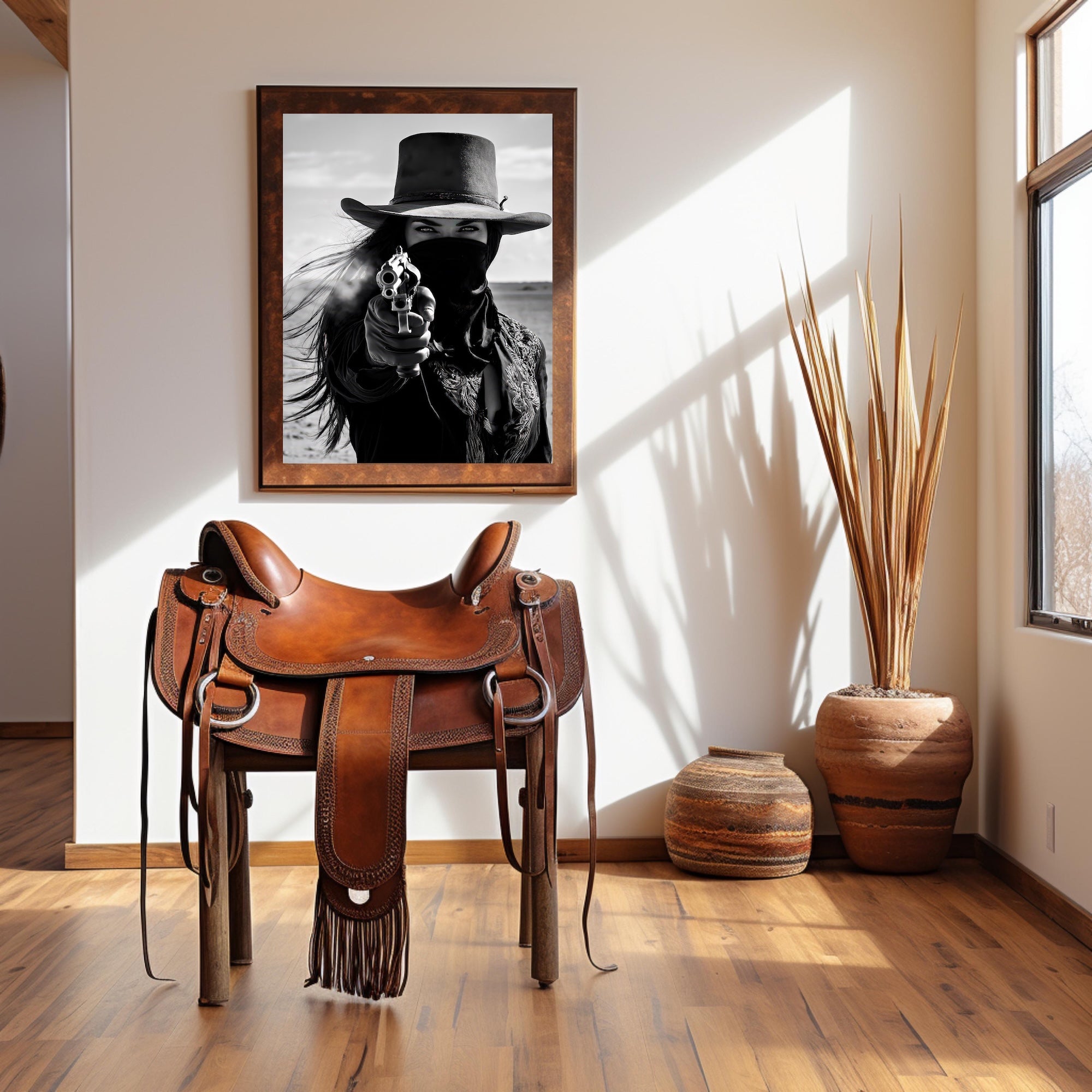 Six Shooter Cowgirl: Western Black & White Photo Style Art Print