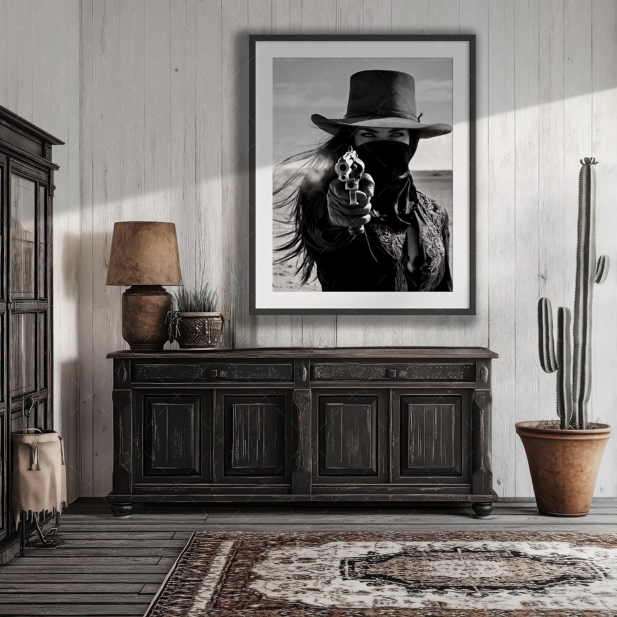 Six Shooter Cowgirl: Western Black & White Photo Style Art Print