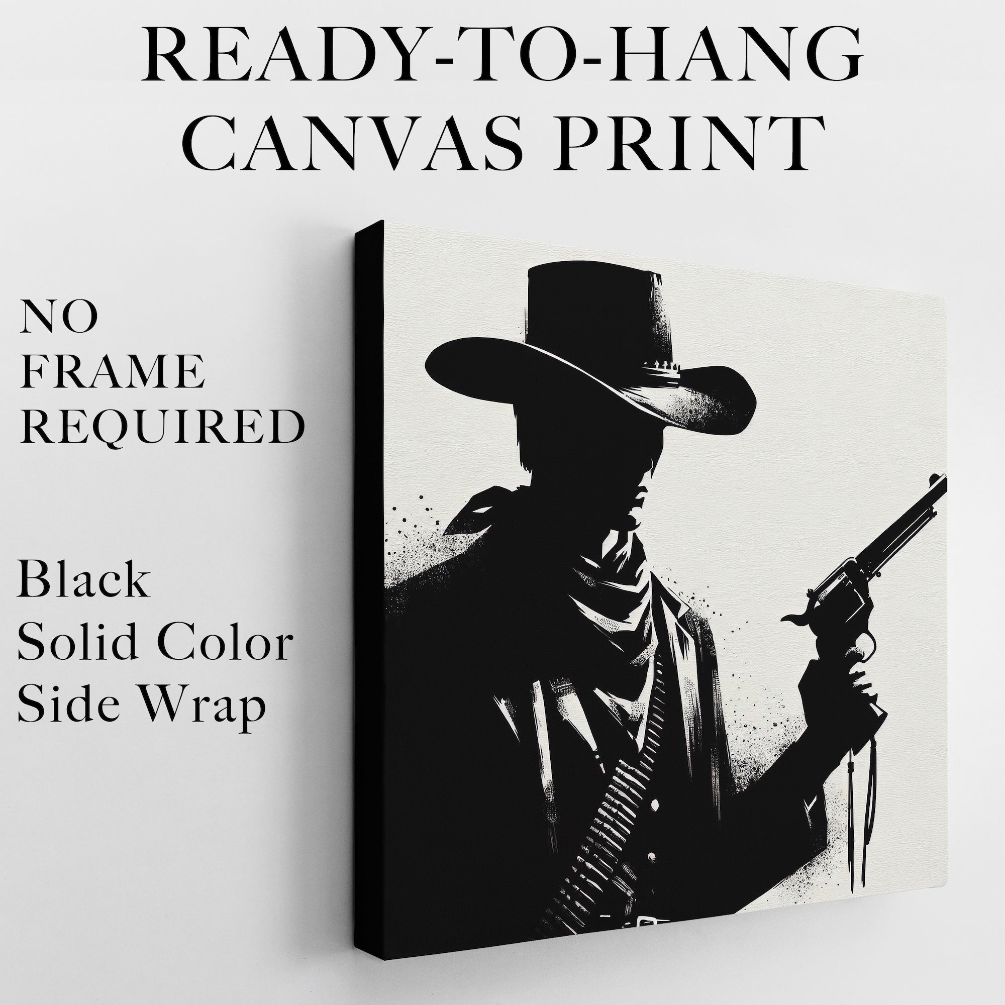 Six Shooter Silhouette: Black & White Western Cowboy Gunfighter (Ready-to-Hang Canvas or Ready-to-Frame Fine Art Poster Print)