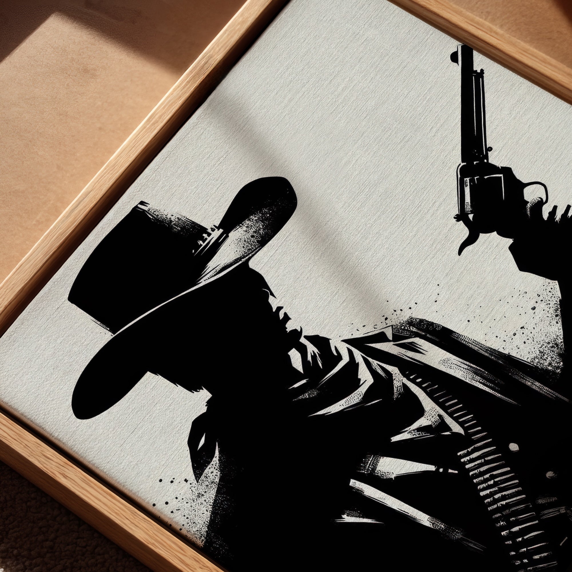 Six Shooter Silhouette: Black & White Western Cowboy Gunfighter (Ready-to-Hang Canvas or Ready-to-Frame Fine Art Poster Print)