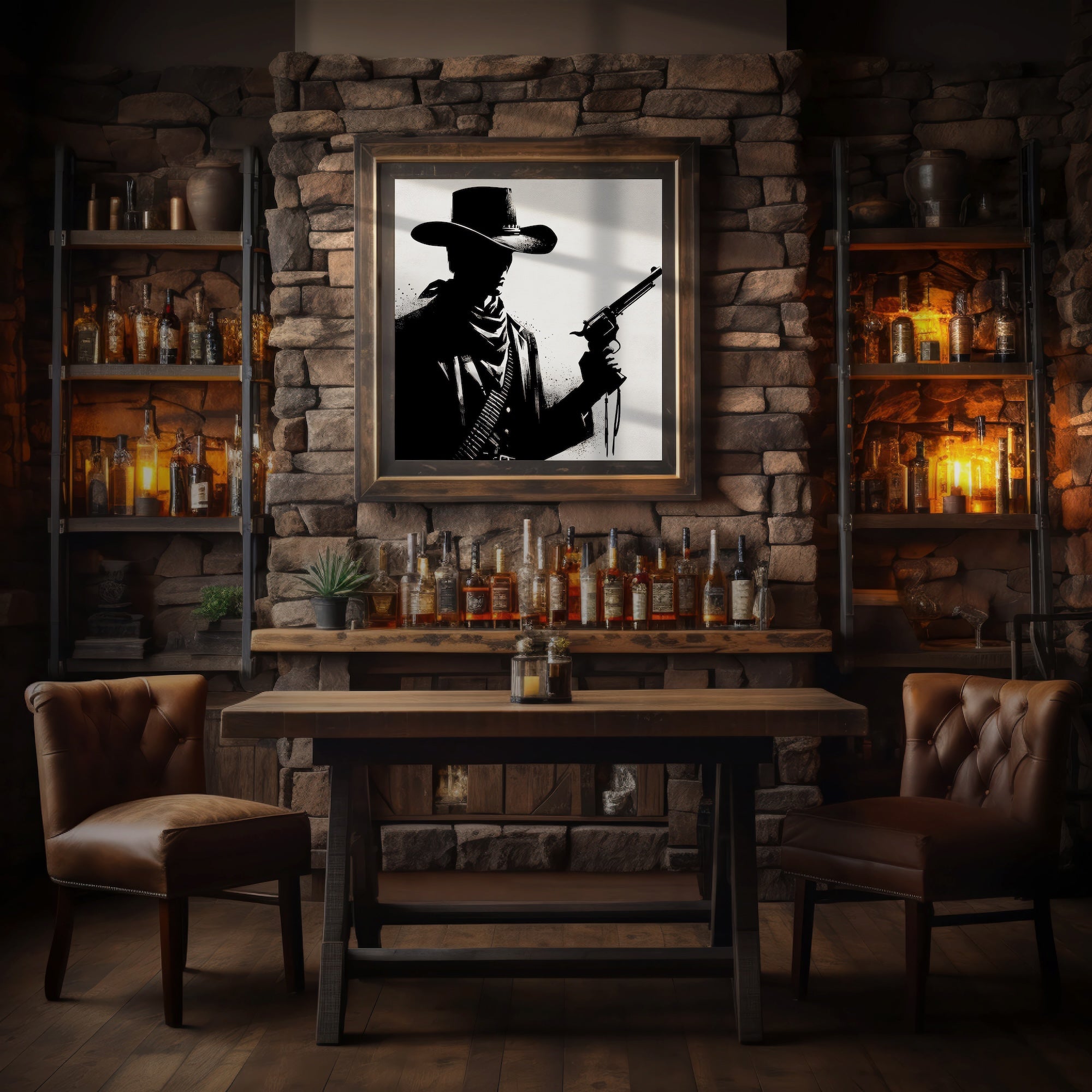 Six Shooter Silhouette: Black & White Western Cowboy Gunfighter (Ready-to-Hang Canvas or Ready-to-Frame Fine Art Poster Print)