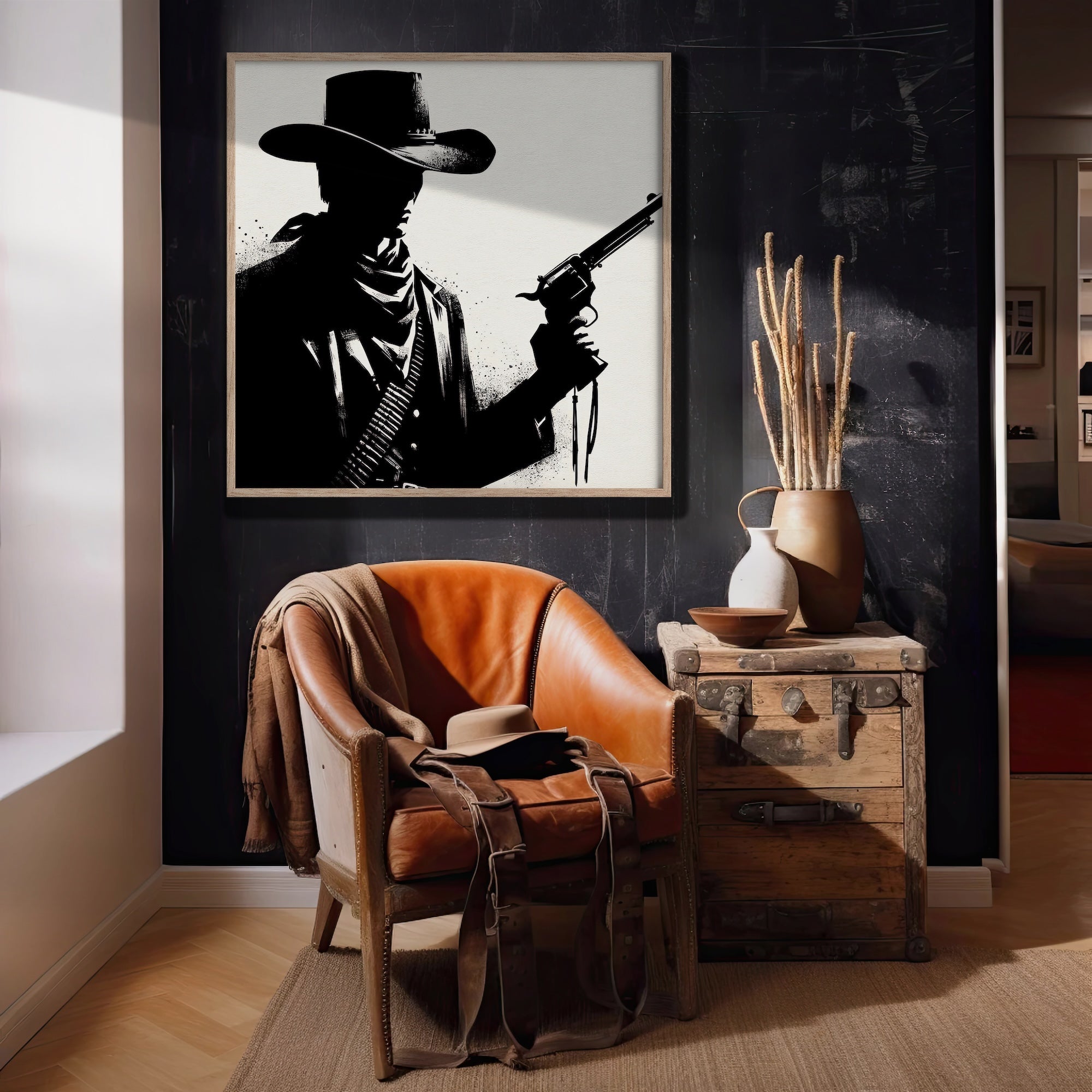 Six Shooter Silhouette: Black & White Western Cowboy Gunfighter (Ready-to-Hang Canvas or Ready-to-Frame Fine Art Poster Print)