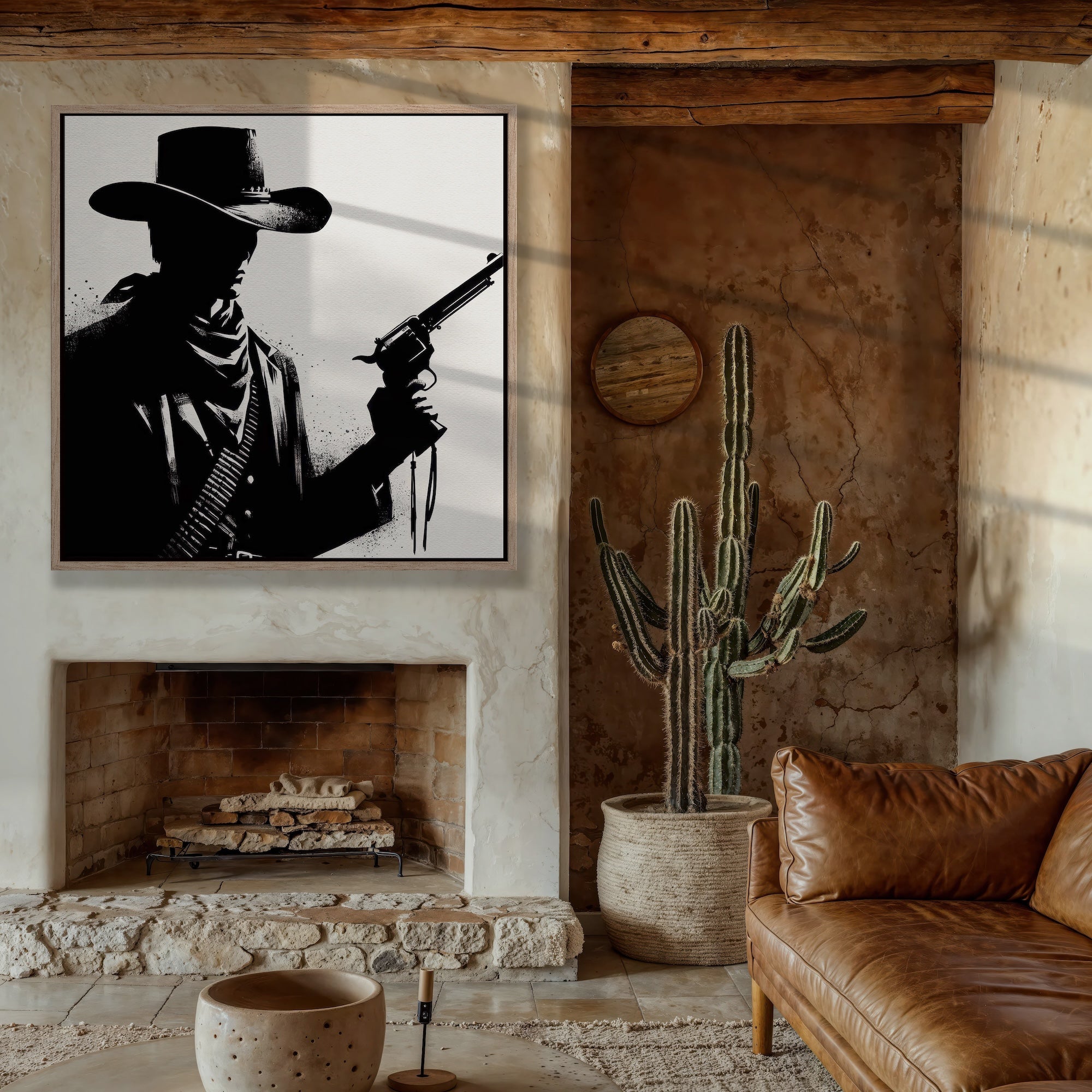 Six Shooter Silhouette: Black & White Western Cowboy Gunfighter (Ready-to-Hang Canvas or Ready-to-Frame Fine Art Poster Print)
