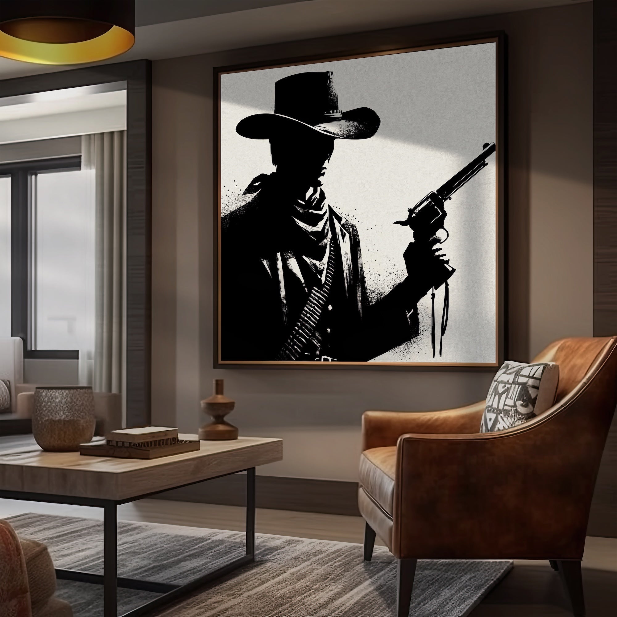 Six Shooter Silhouette: Black & White Western Cowboy Gunfighter (Ready-to-Hang Canvas or Ready-to-Frame Fine Art Poster Print)