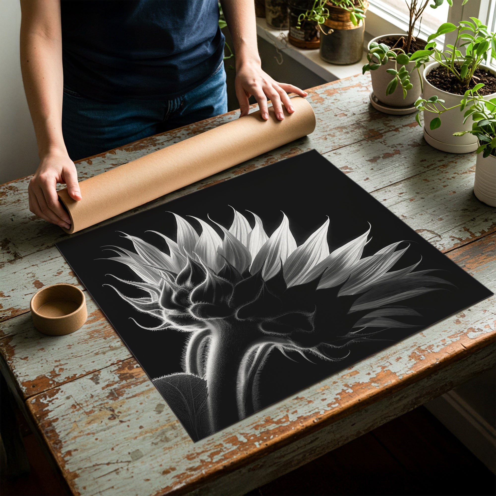 Sunflower: Black & White Nature Silhouette (Art Print)