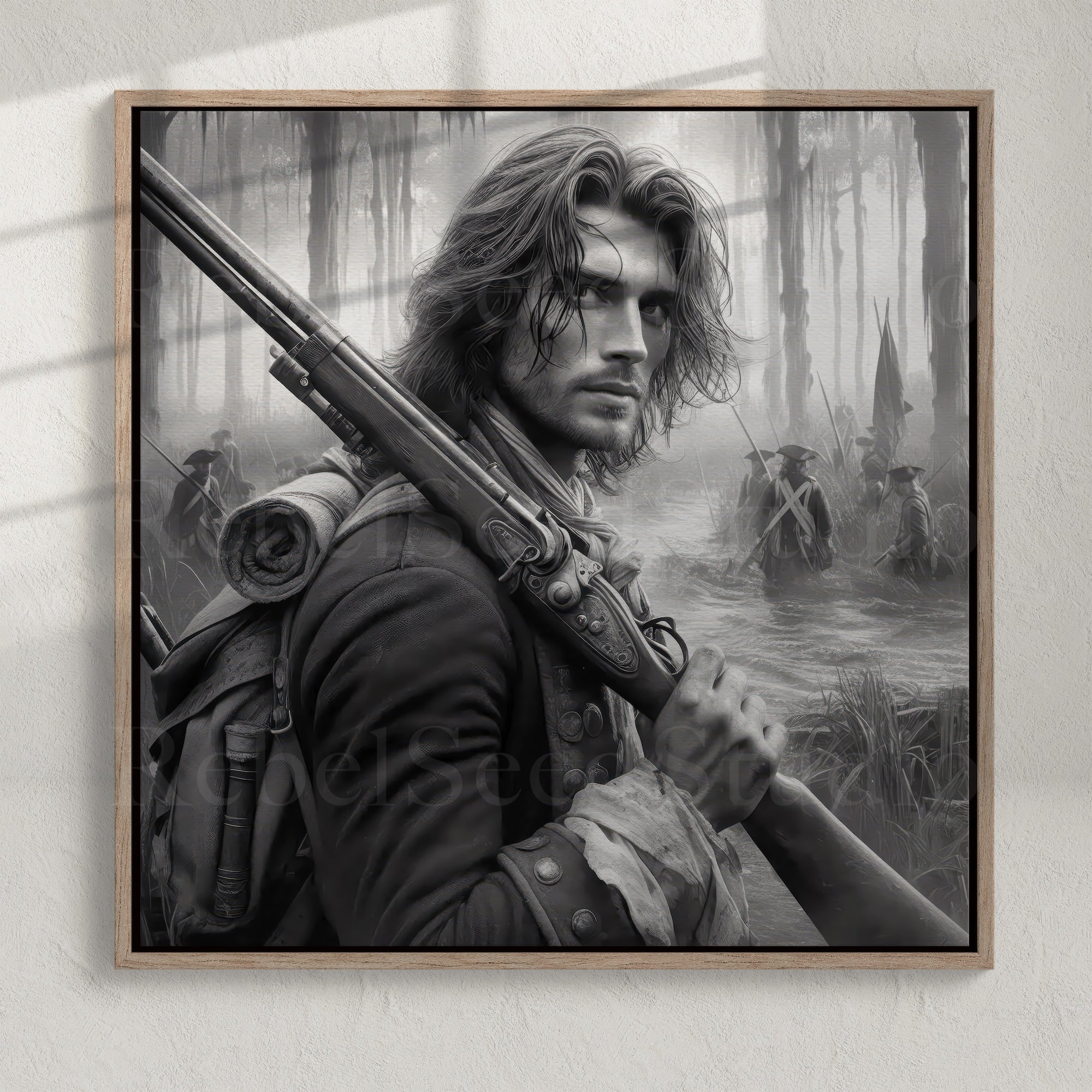 Swamp Fox: Revolutionary War Patriot - Black & White American Independence Soldier (Ready-to-Hang Canvas or Ready-to-Frame Fine Art Poster Print)