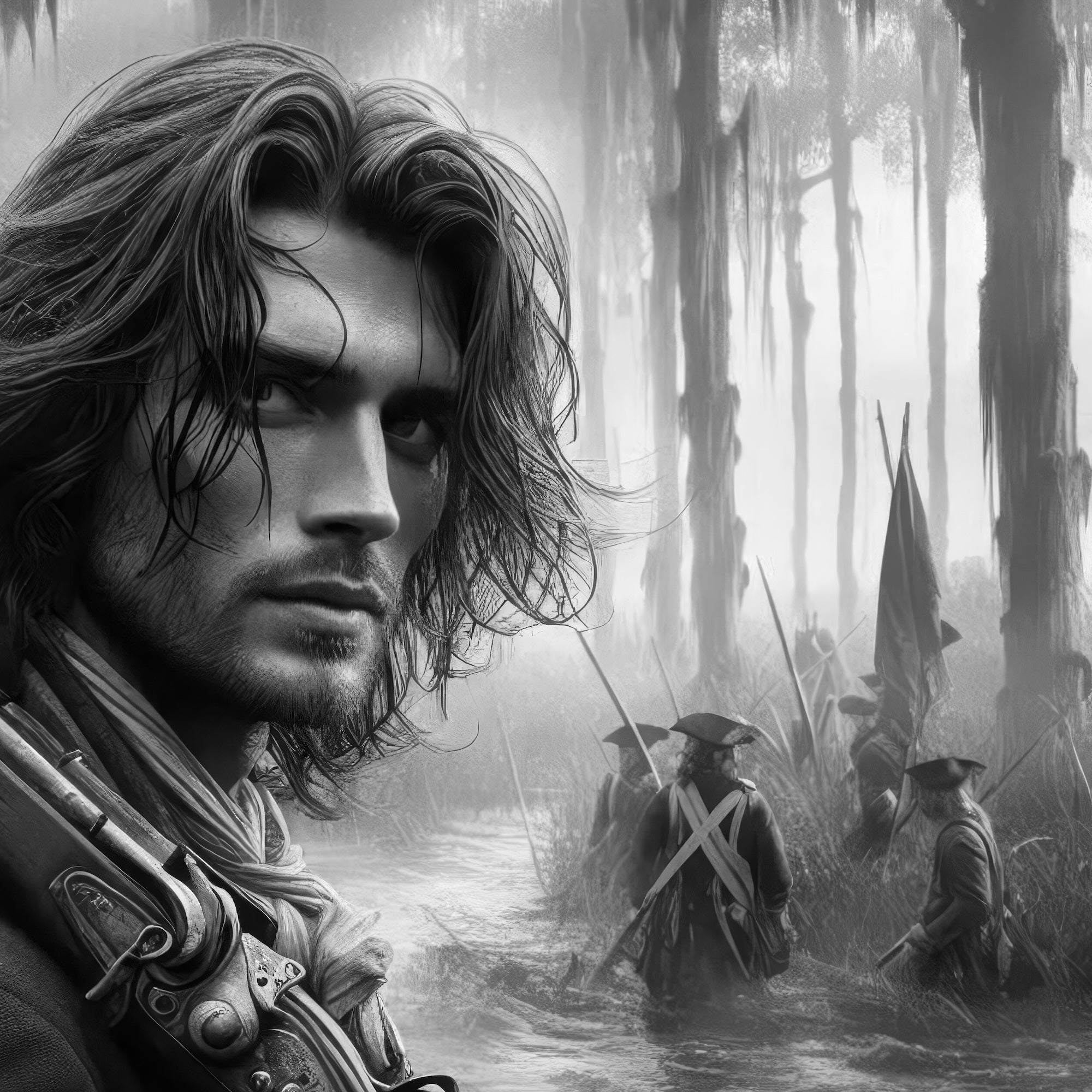 Swamp Fox: Revolutionary War Patriot - Black & White American Independence Soldier (Art Print)