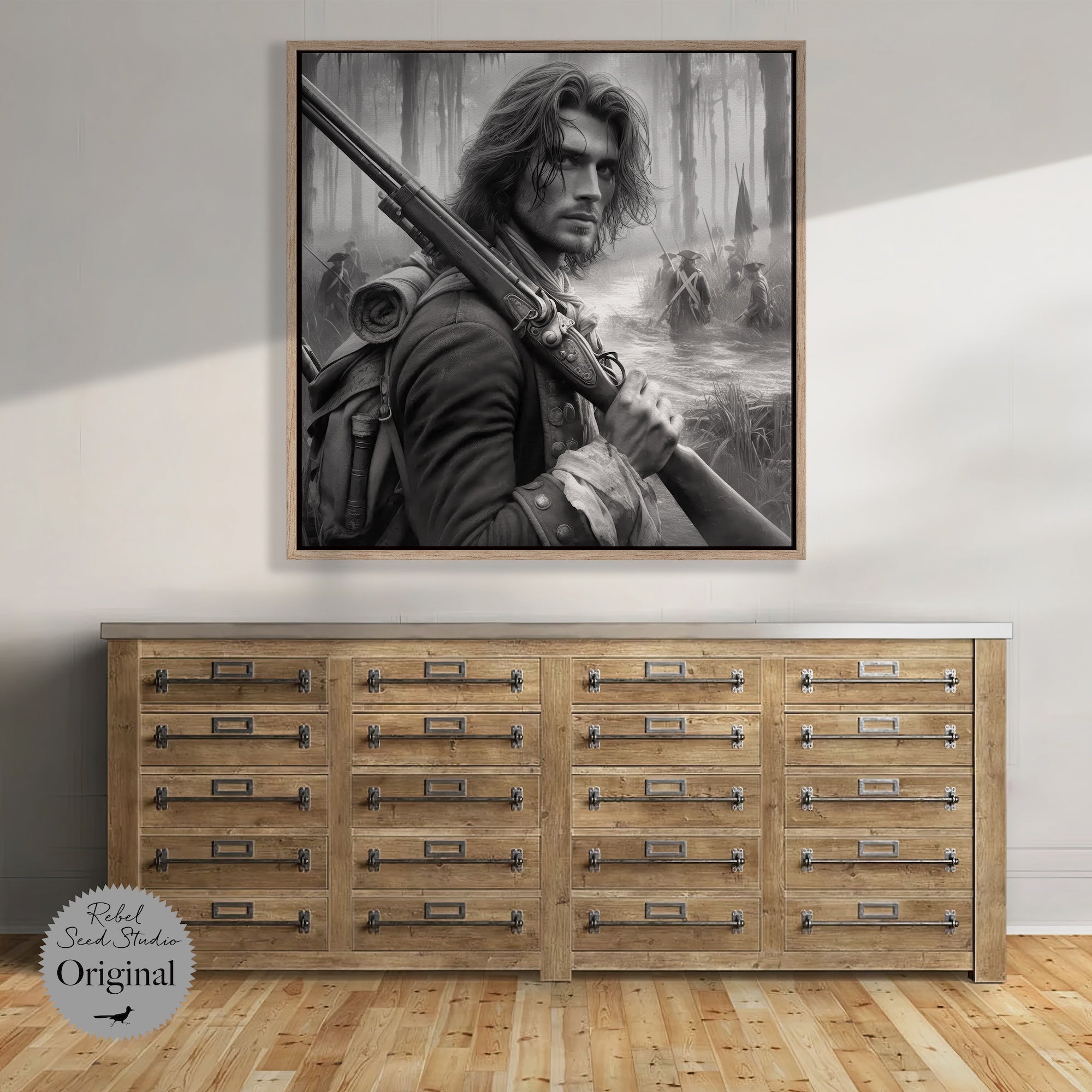 Swamp Fox: Revolutionary War Patriot - Black & White American Independence Soldier (Art Print)