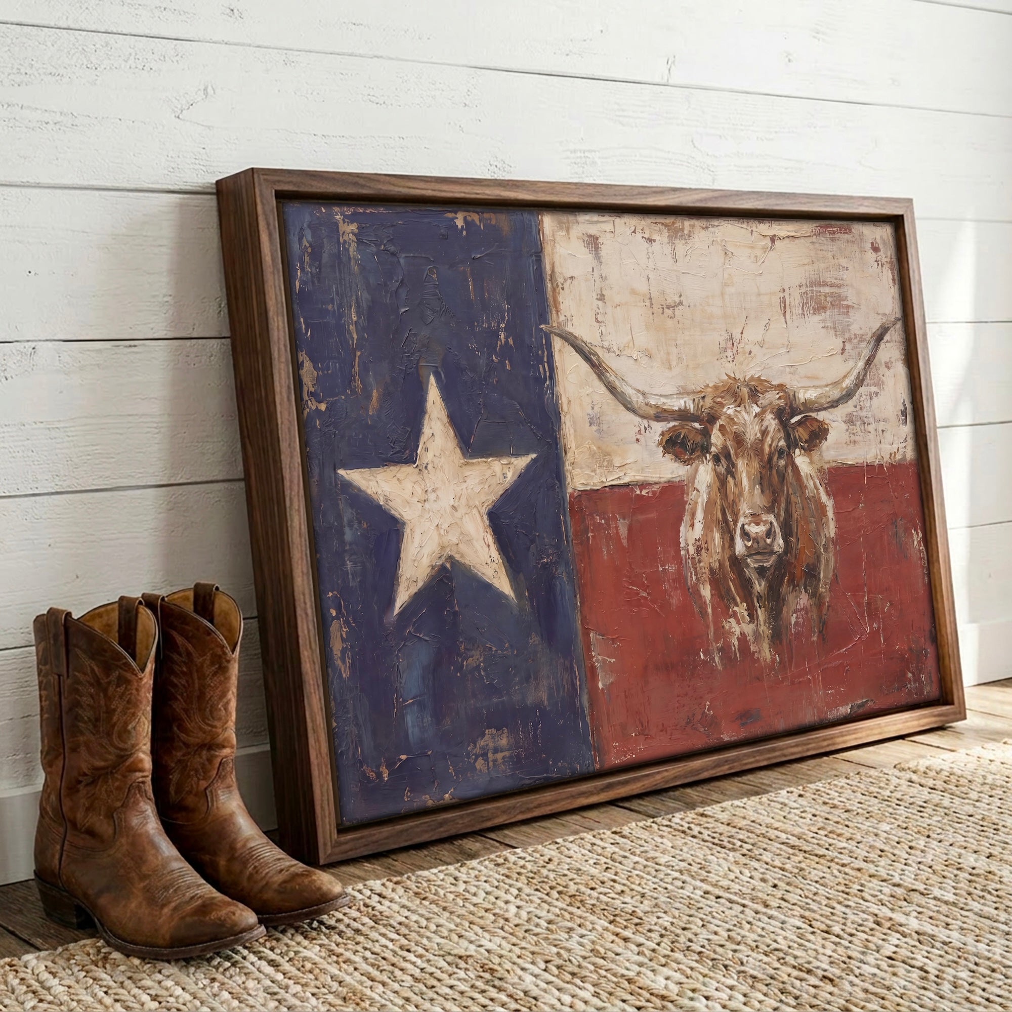 Texas Flag with Longhorn: Old West Vintage Lone Star State Art Print