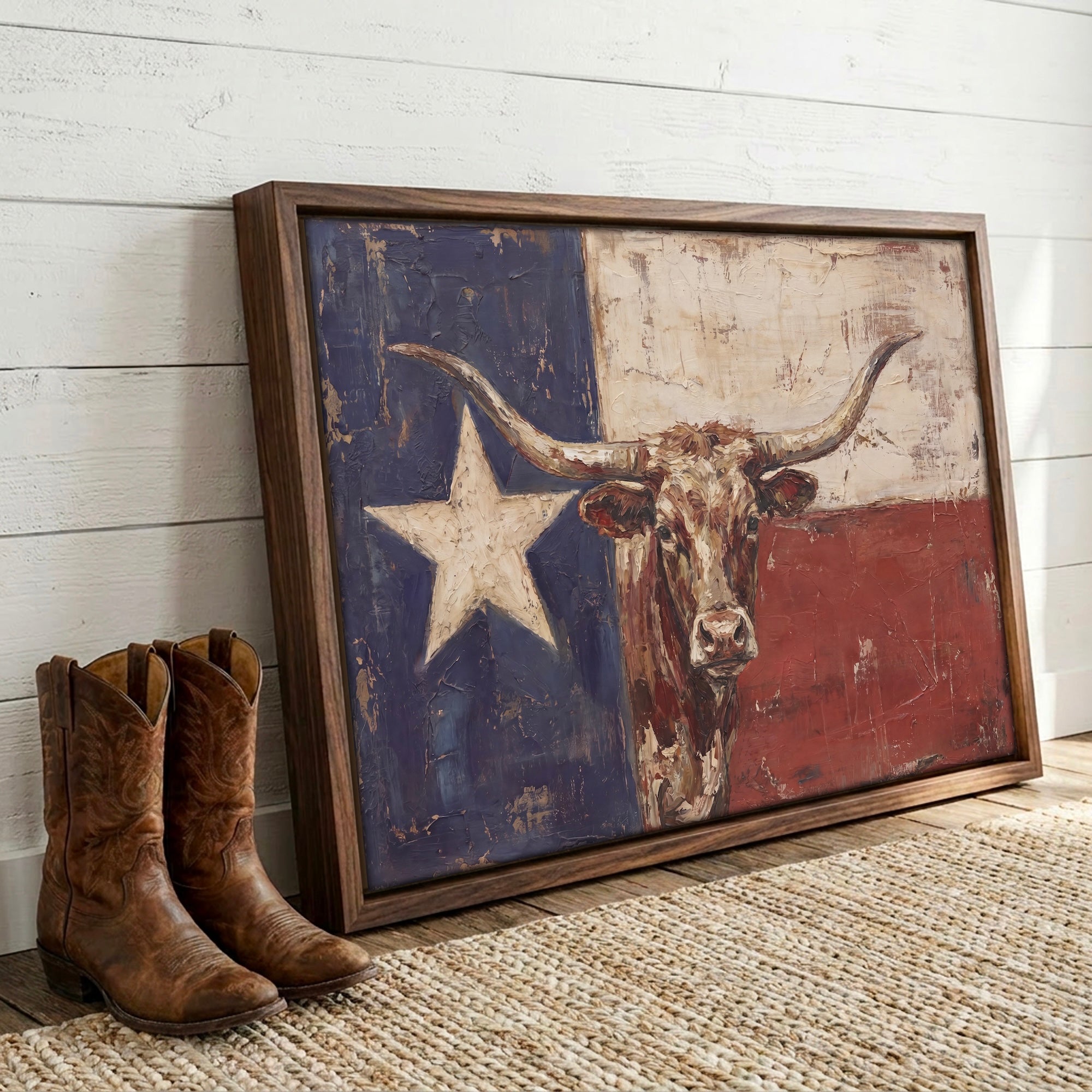 Texas Flag with Longhorn: Vintage Old West Lone Star State Art Print