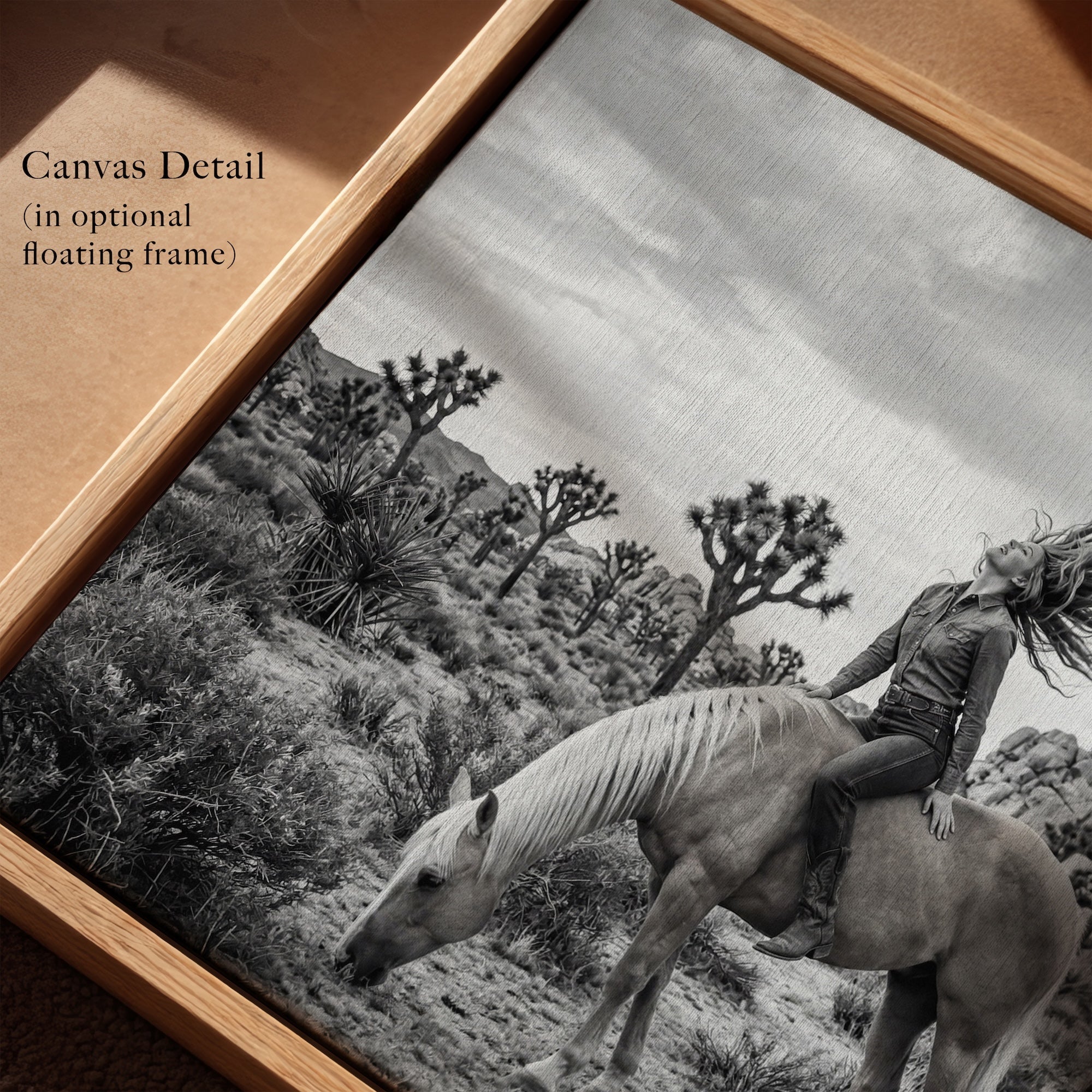 Wild & Free Cowgirl in Joshua Tree: Western Woman on Horseback - Black & White Desert Photo Art Print