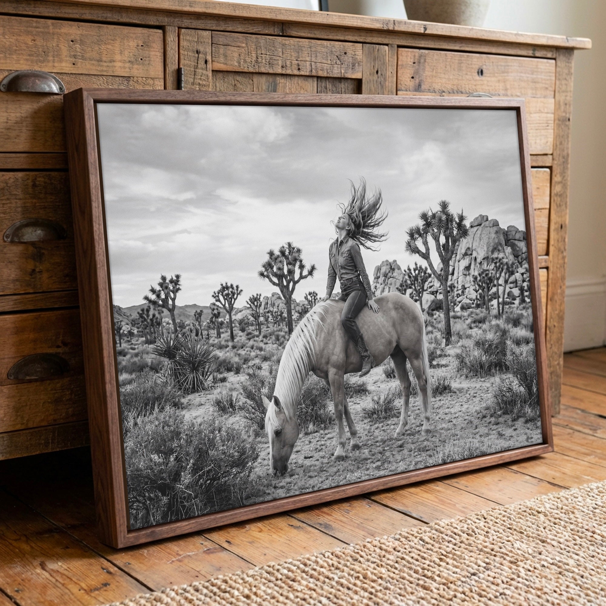 Wild & Free Cowgirl in Joshua Tree: Western Woman on Horseback - Black & White Desert Photo Art Print