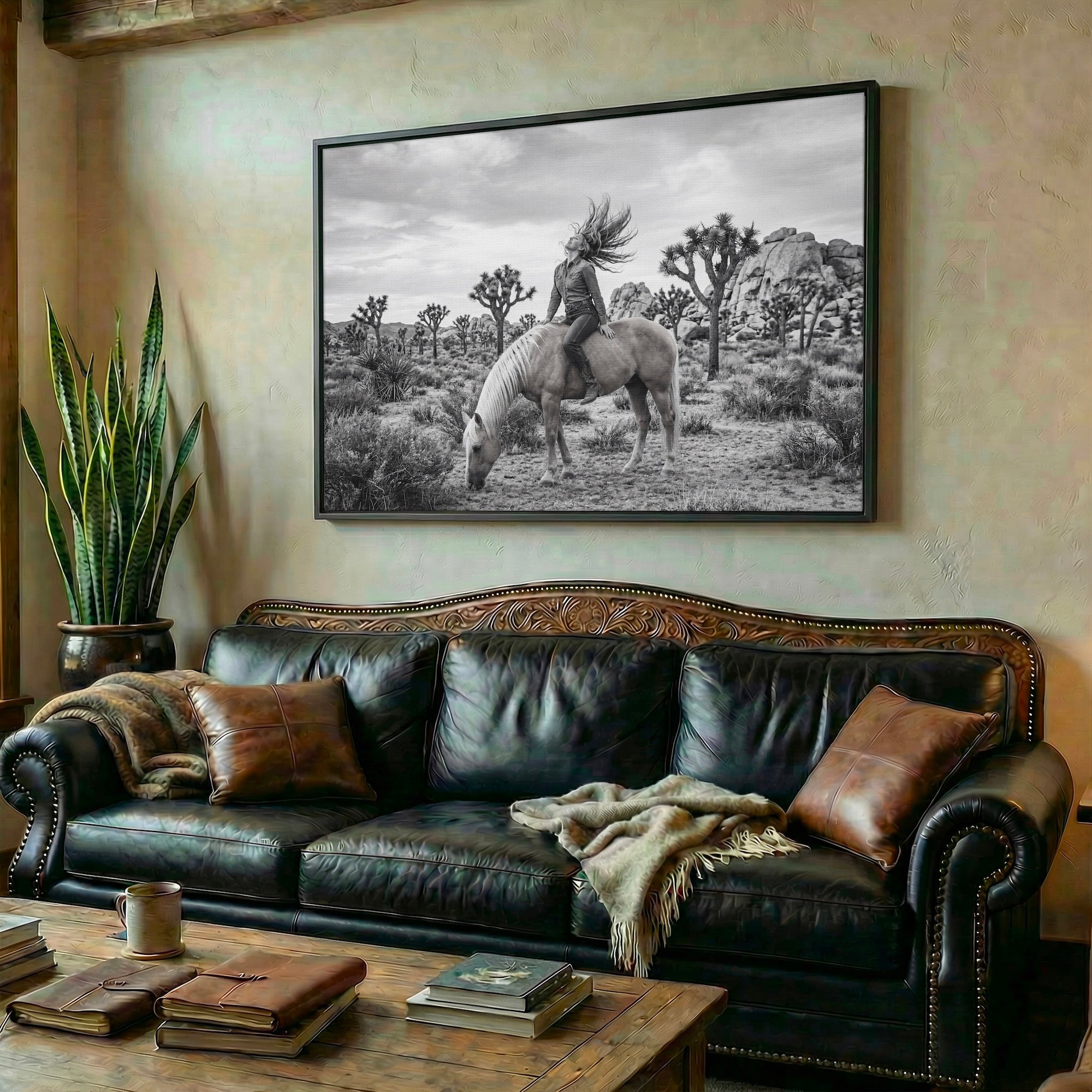 Wild & Free Cowgirl in Joshua Tree: Western Woman on Horseback - Black & White Desert Photo Art Print